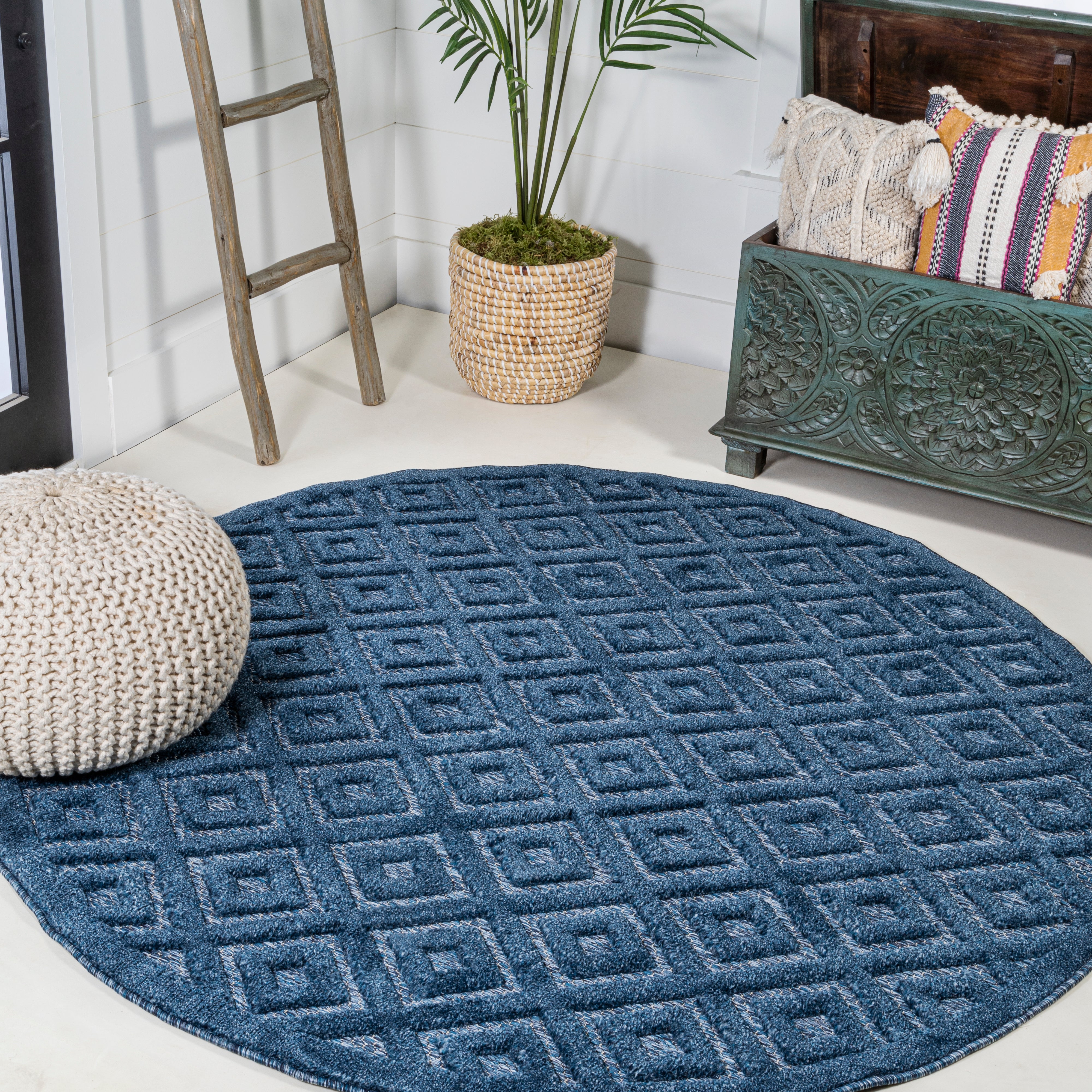 Portmany Neutral Diamond Trellis Round Indoor/Outdoor Area Rug