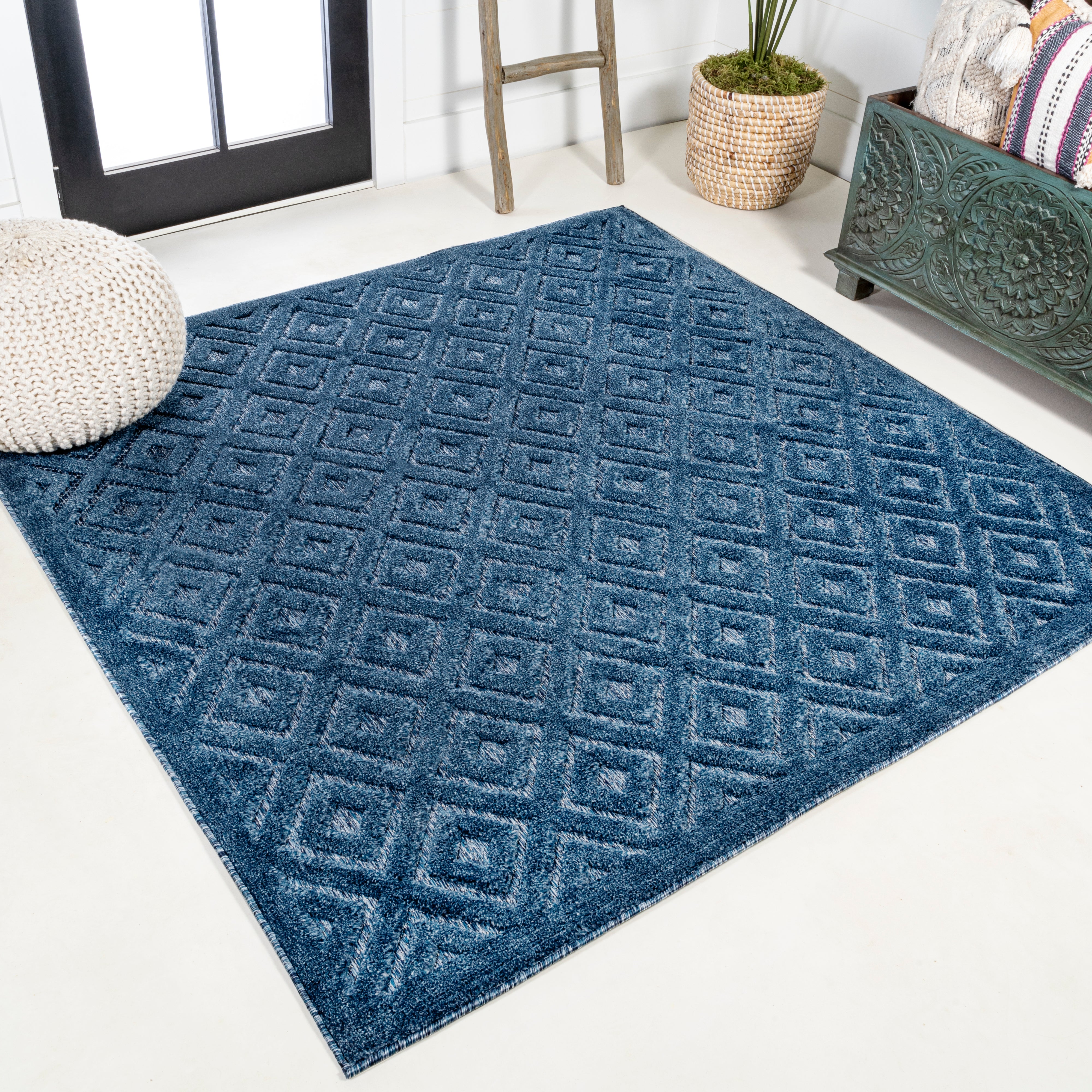 Portmany Neutral Diamond Trellis Square Indoor/Outdoor Area Rug