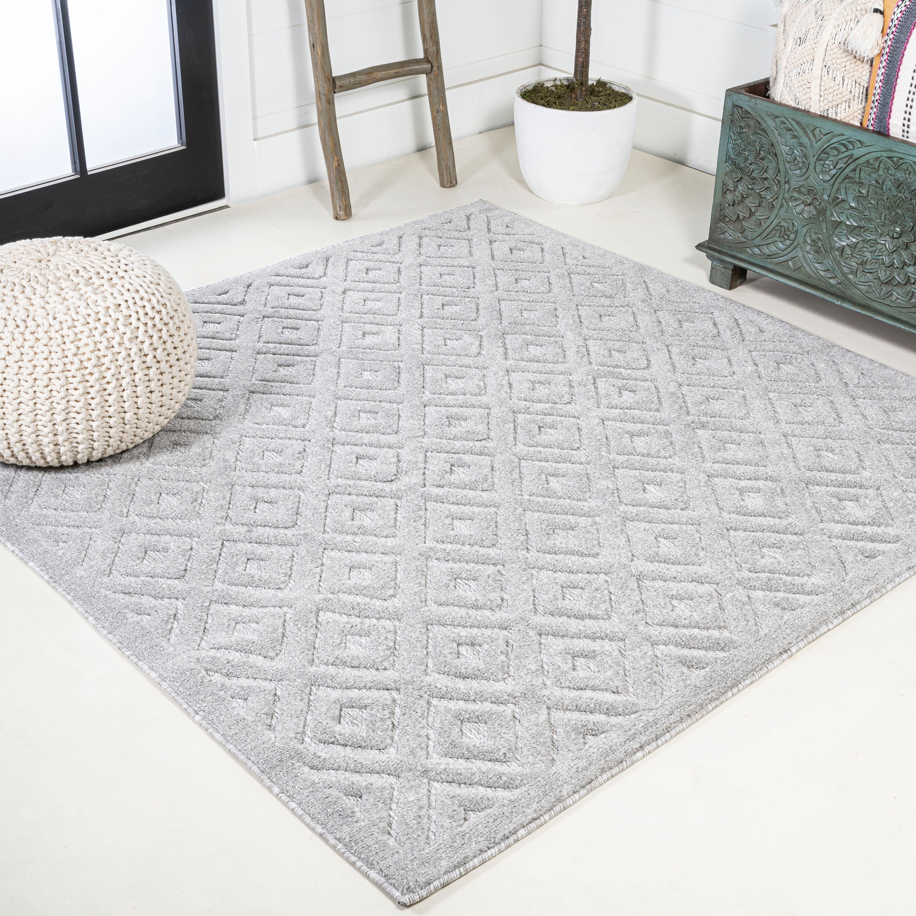 Portmany Neutral Diamond Trellis Square Indoor/Outdoor Area Rug