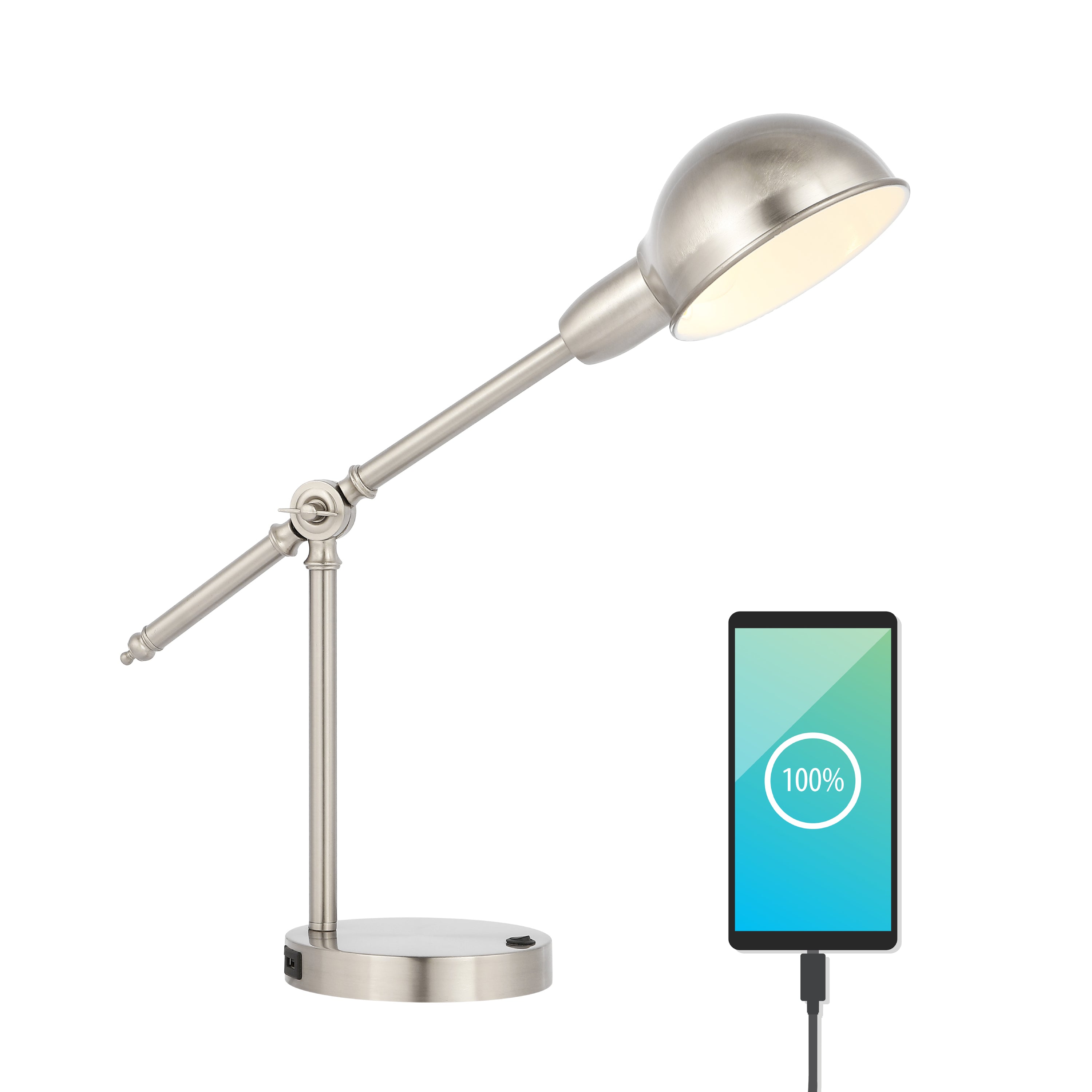 Curtis Vintage Industrial Iron Adjustable Dome Shade LED Task Lamp with USB Charging Port