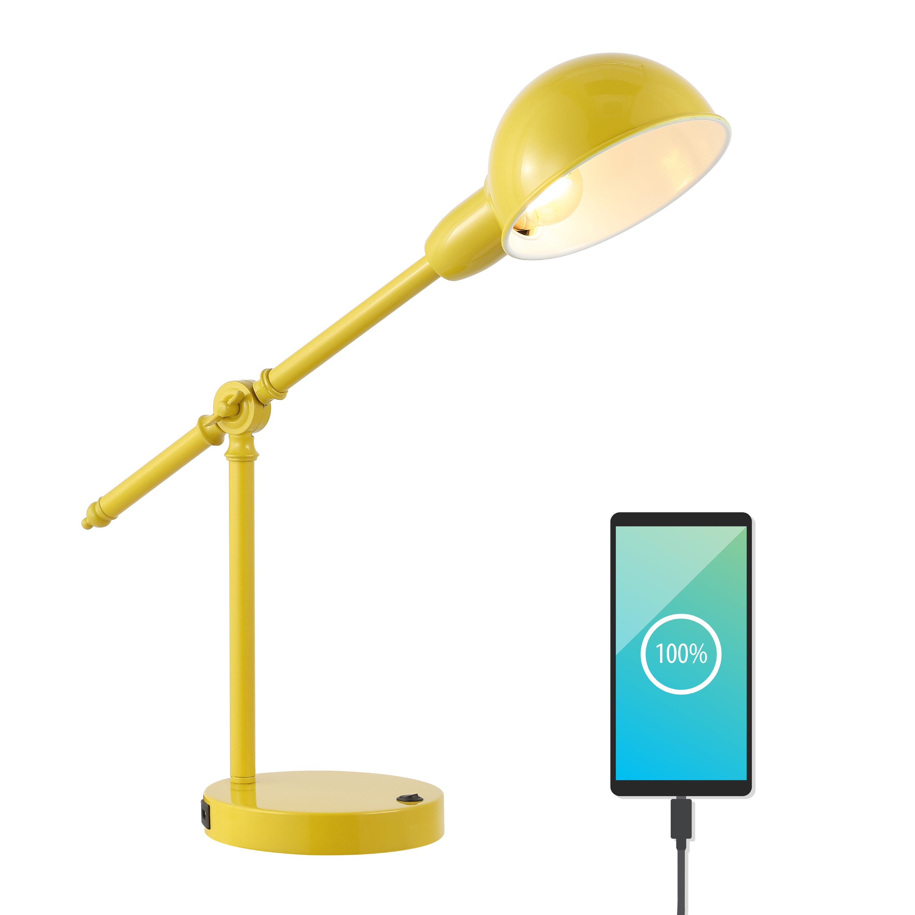 Curtis Vintage Industrial Iron Adjustable Dome Shade LED Task Lamp with USB Charging Port