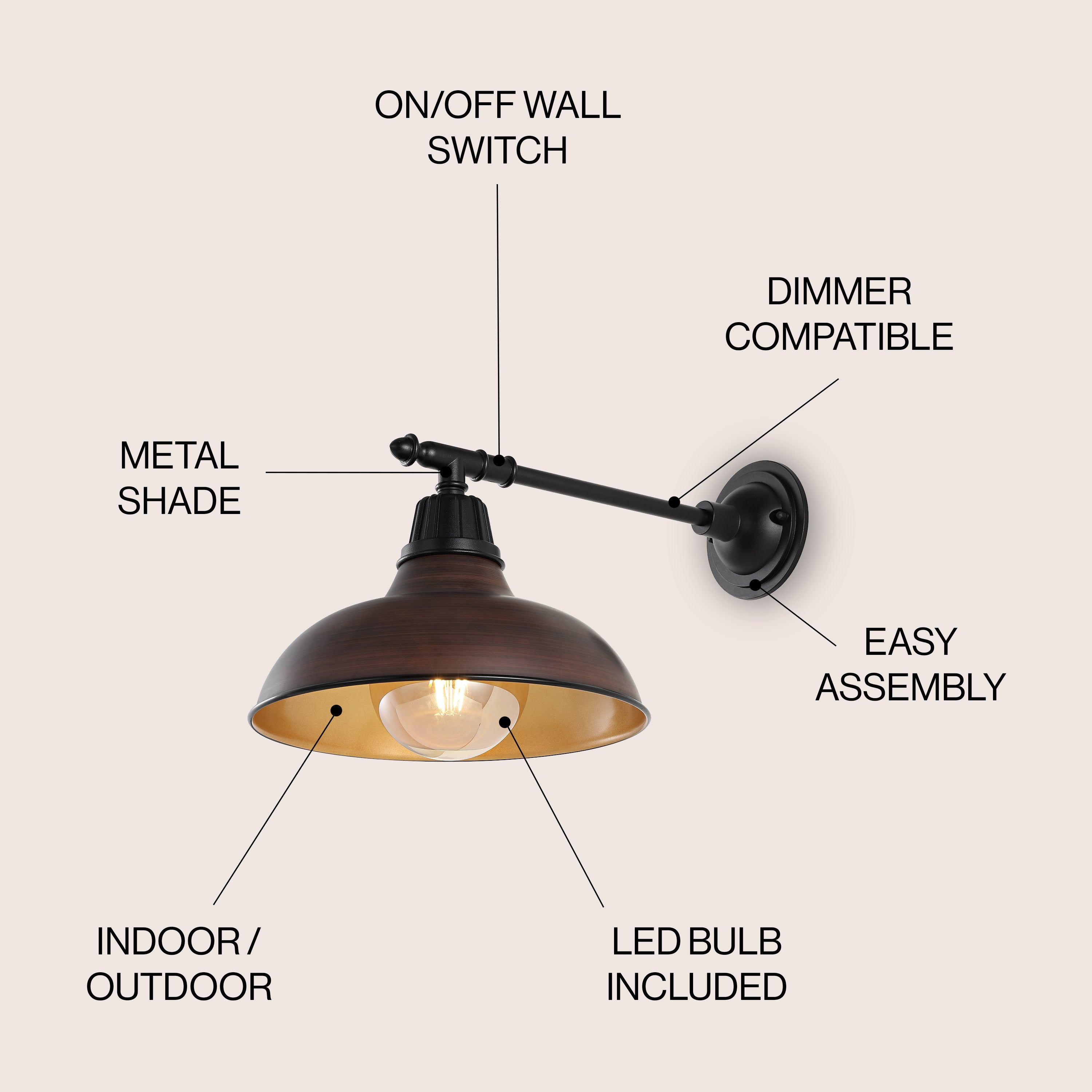 Wallace 1-Light Farmhouse Industrial Indoor/Outdoor Iron LED Victorian Arm Outdoor Sconce