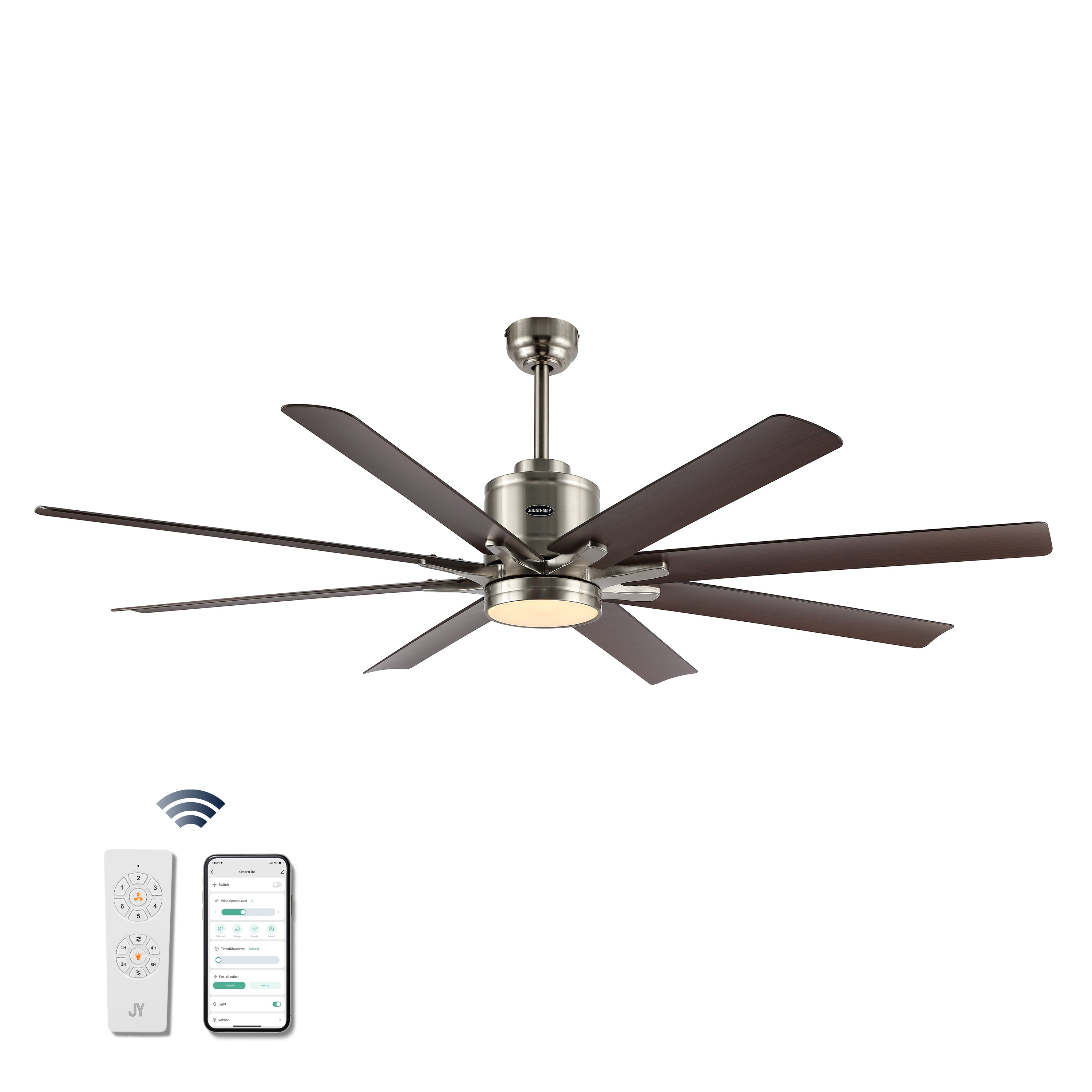 Octo 1-Light Contemporary Industrial Iron/Plastic Mobile-App/Remote-Controlled 6-Speed Ceiling Fan with Integrated LED Light