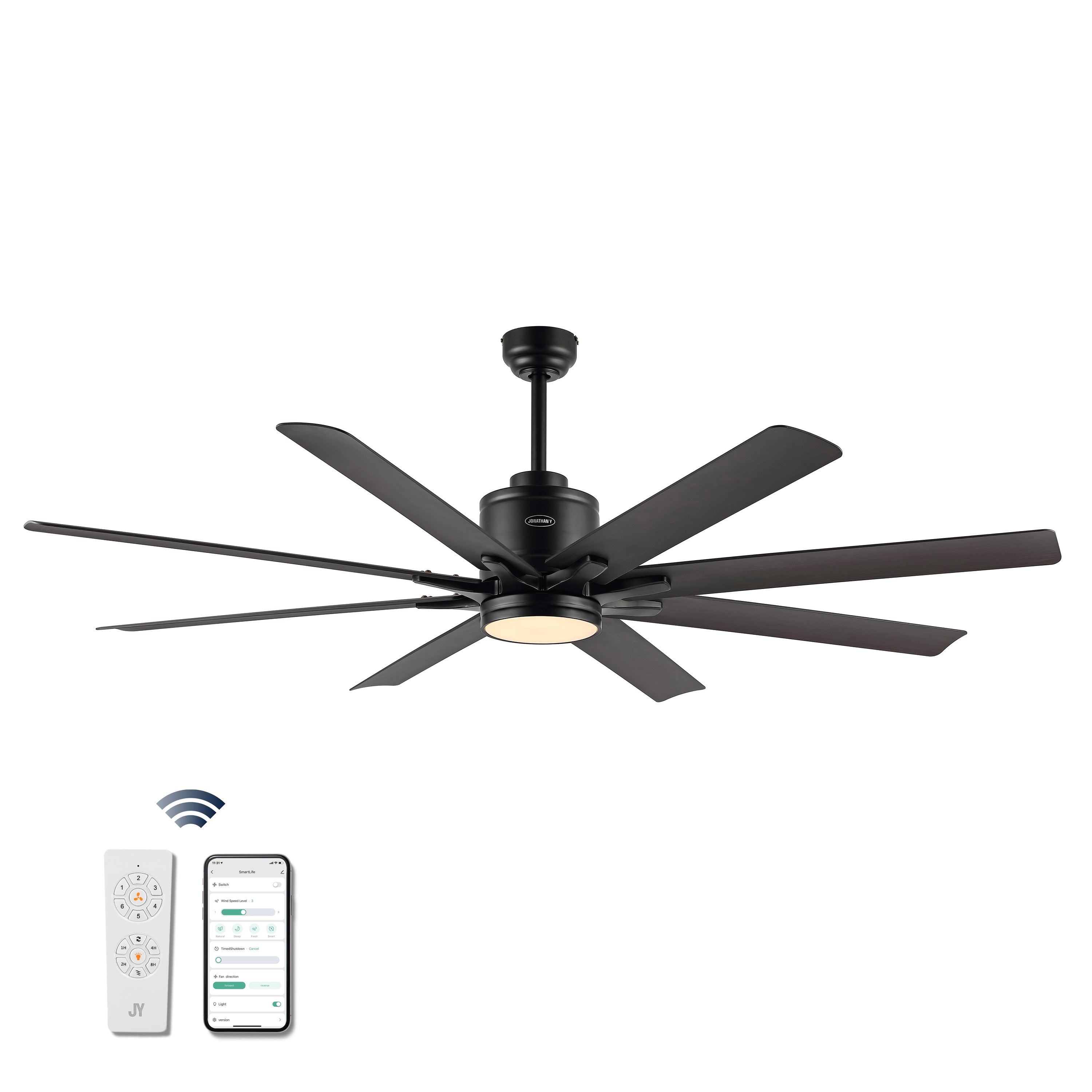 Octo 1-Light Contemporary Industrial Iron/Plastic Mobile-App/Remote-Controlled 6-Speed Ceiling Fan with Integrated LED Light