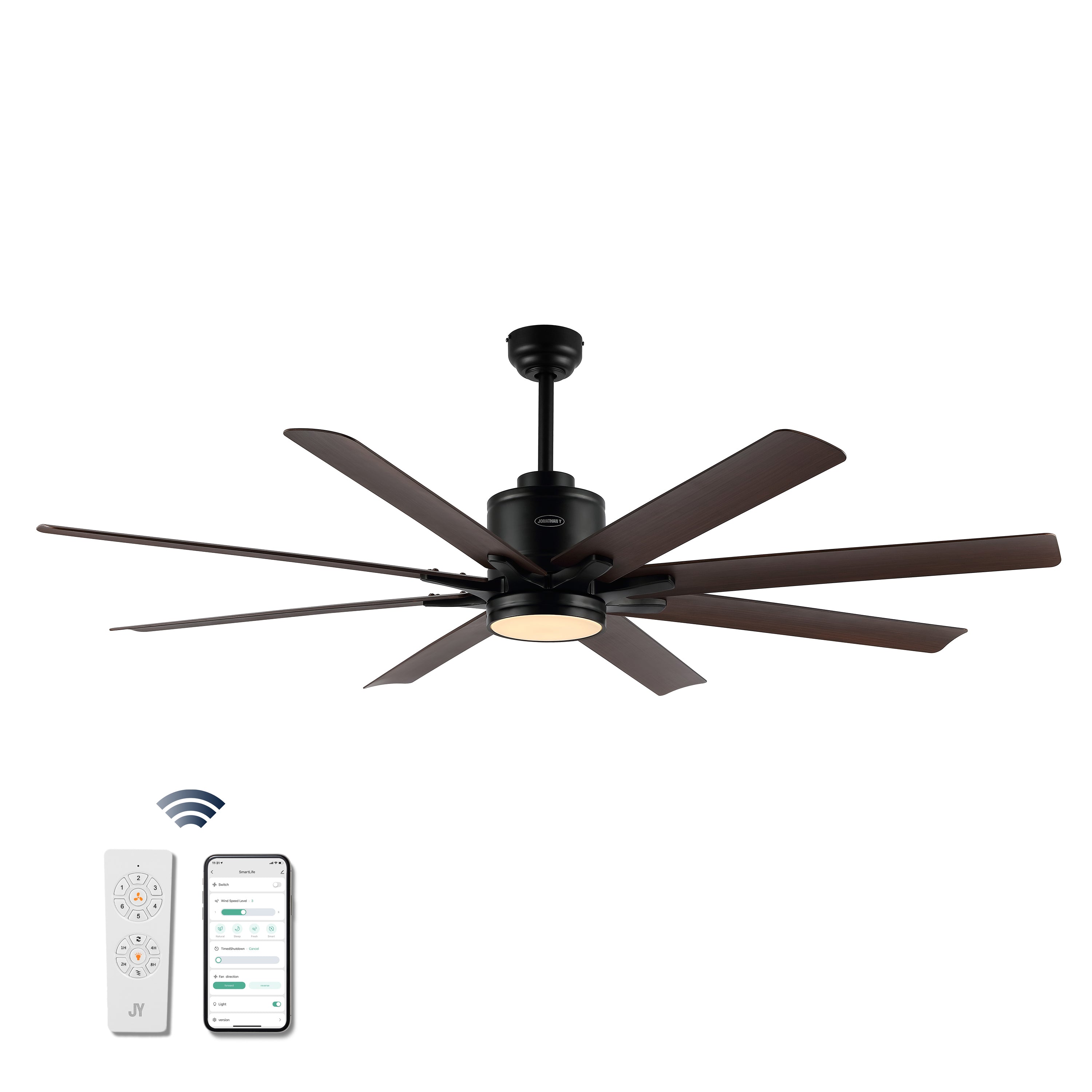 Octo 1-Light Contemporary Industrial Iron/Plastic Mobile-App/Remote-Controlled 6-Speed Ceiling Fan with Integrated LED Light