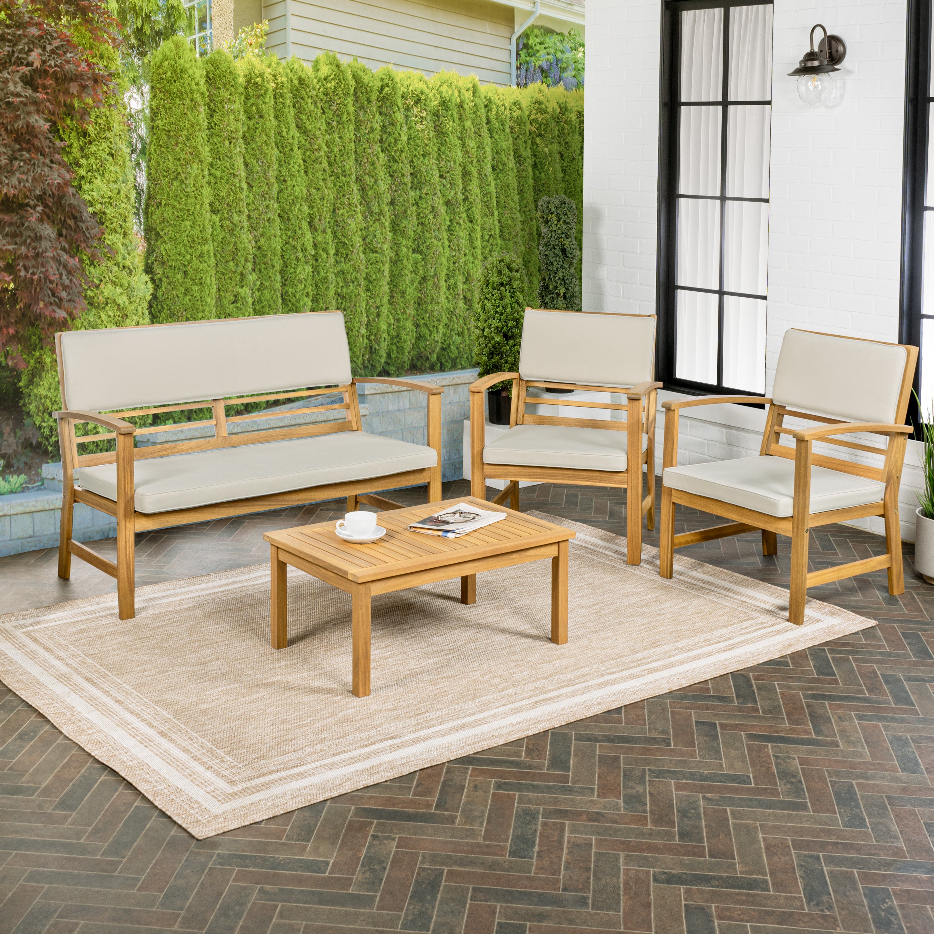 Barclay 4-Piece Modern Coastal Acacia Wood Conversation Outdoor Patio Set with Cushions