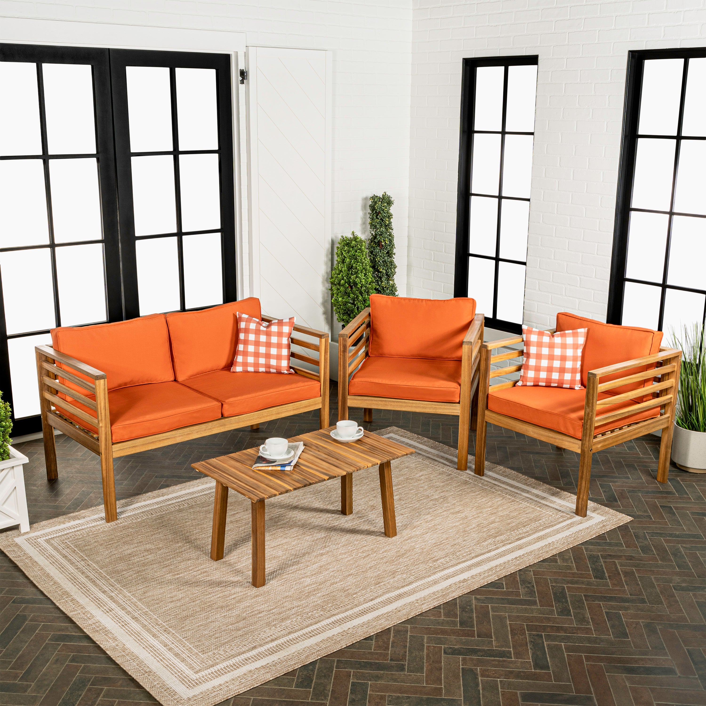 Thom 4-Piece Mid-Century Modern Acacia Wood Outdoor Patio Set with Cushions and Plaid Decorative Pillows