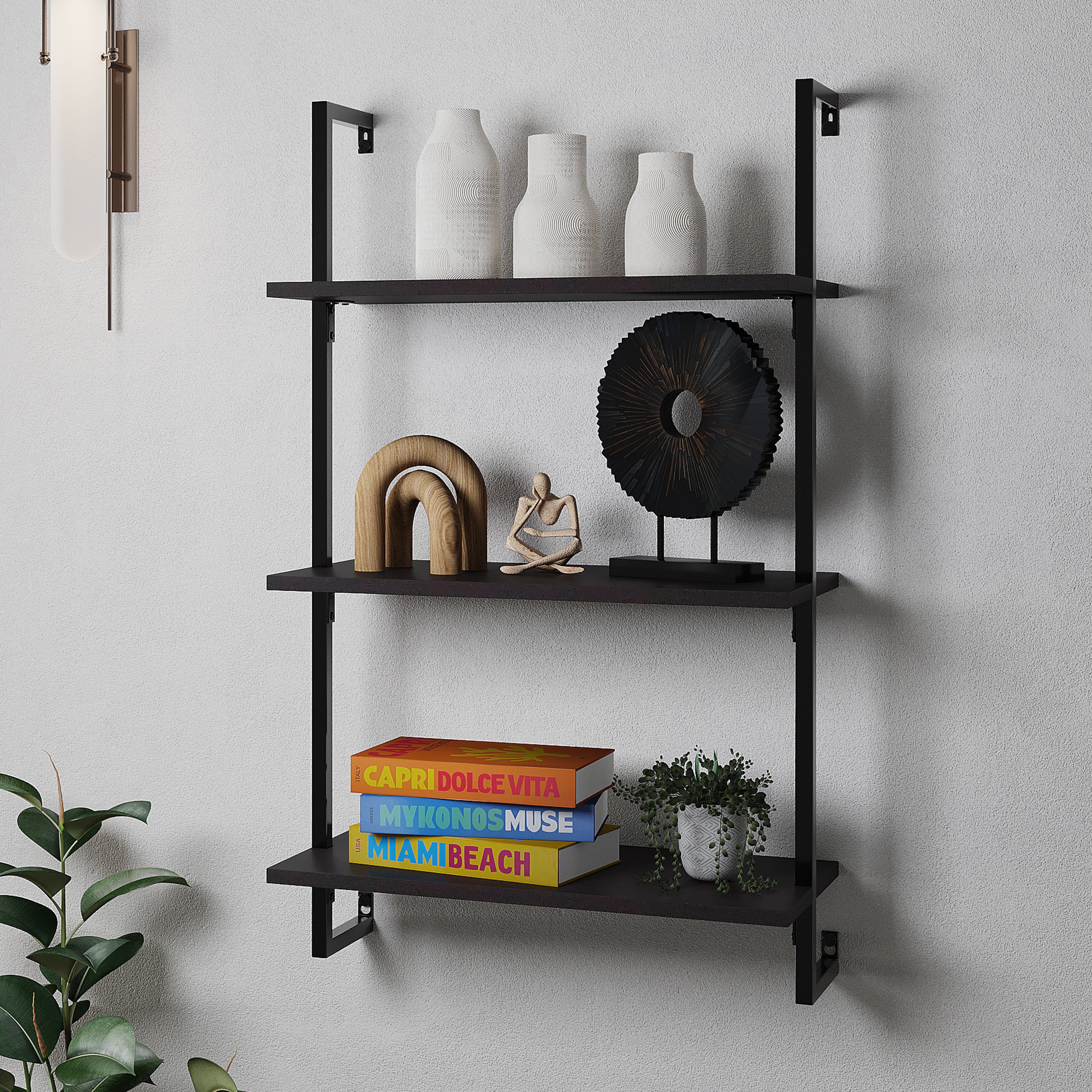 Madera Classic Industrial 3-Shelf Wood Wall-Mounted Open Ladder Bookcase with Metal Frame