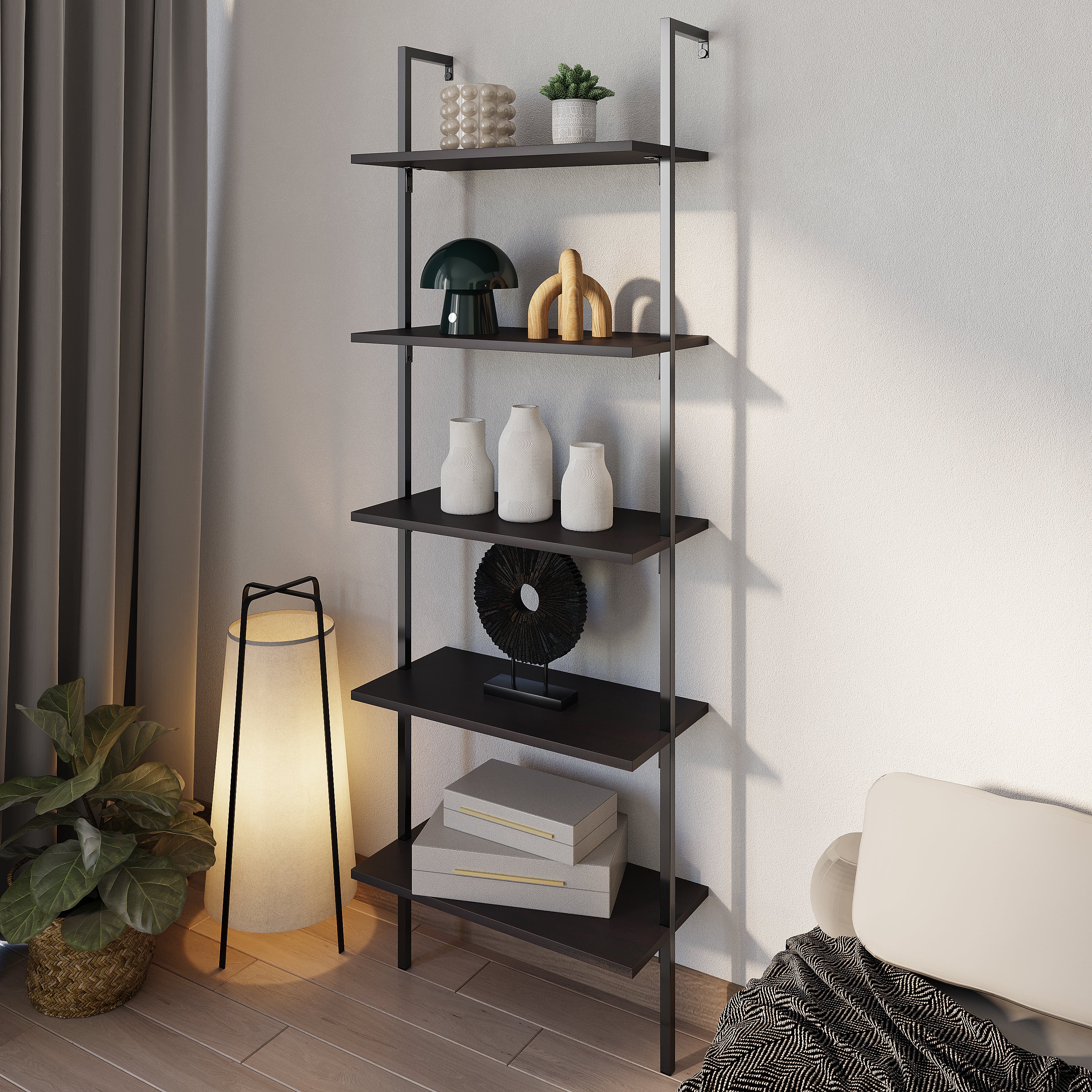 Madera Classic Industrial 5-Shelf Wood Wall-Mounted Open Ladder Bookcase with Metal Frame