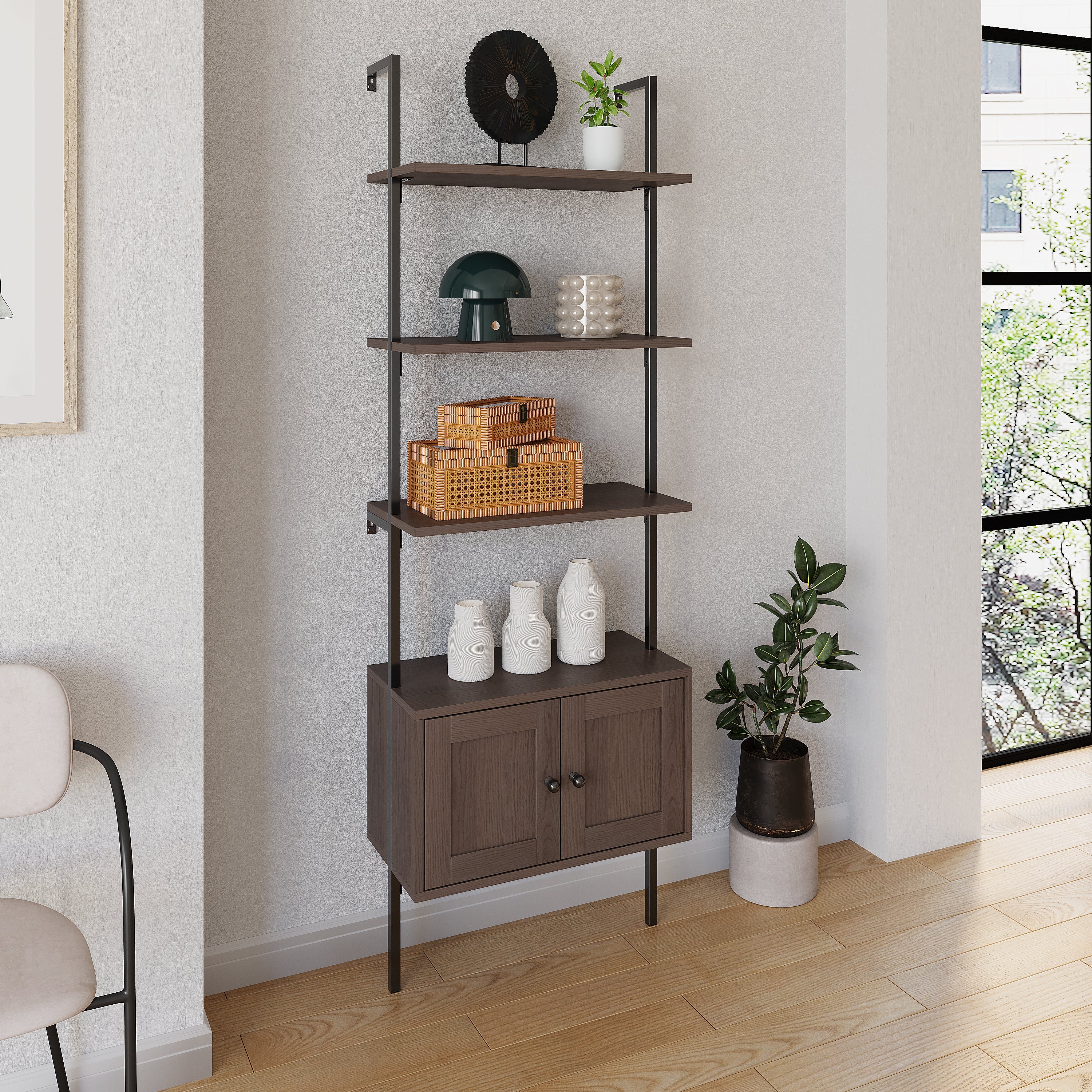 Tulare MidCentury Industrial 4-Shelf Wood Wall-Mounted Open Ladder Bookcase with Cabinet and Metal Frame