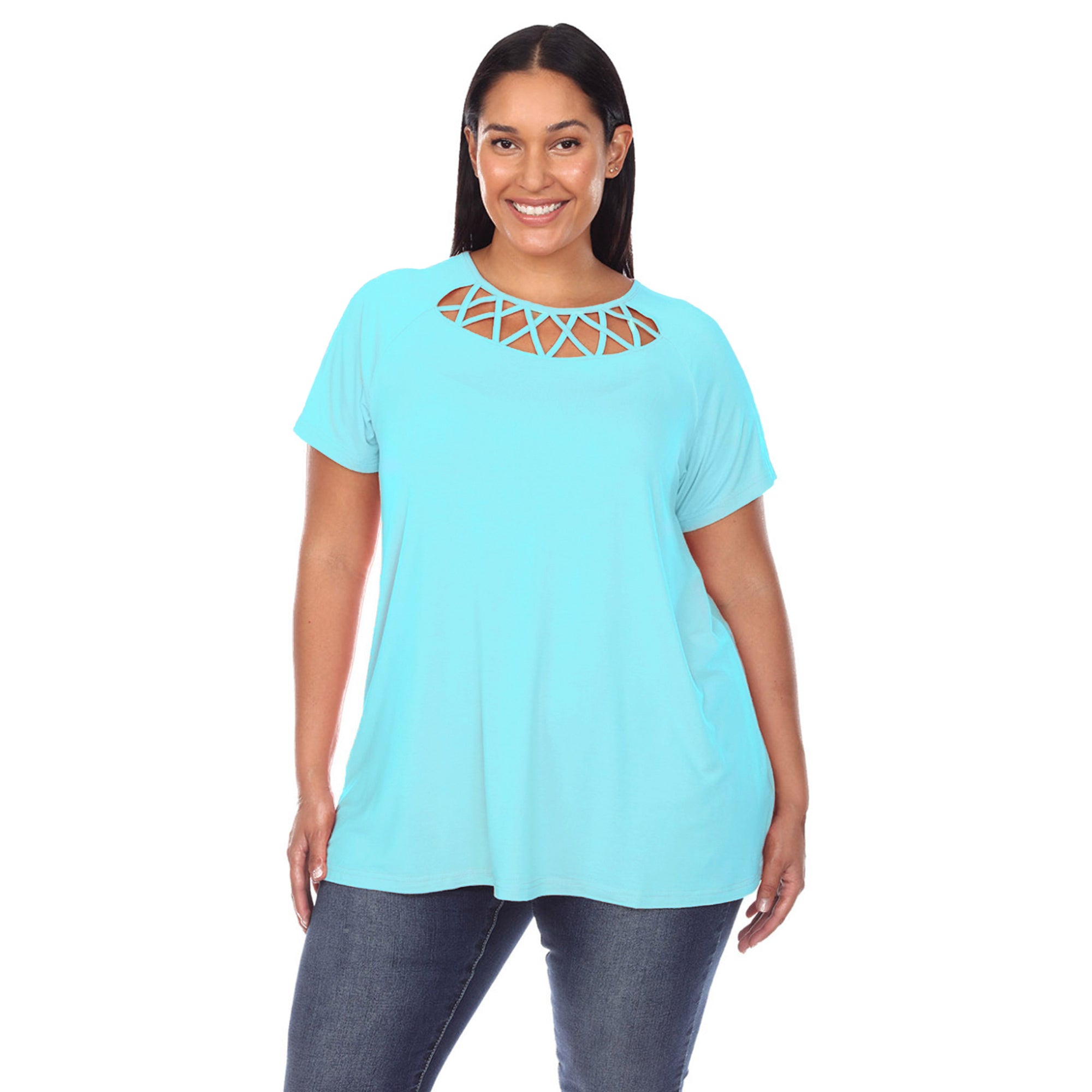 White Mark Women's Crisscross Cutout Short Sleeve Top - Plus (8 Colors Available)