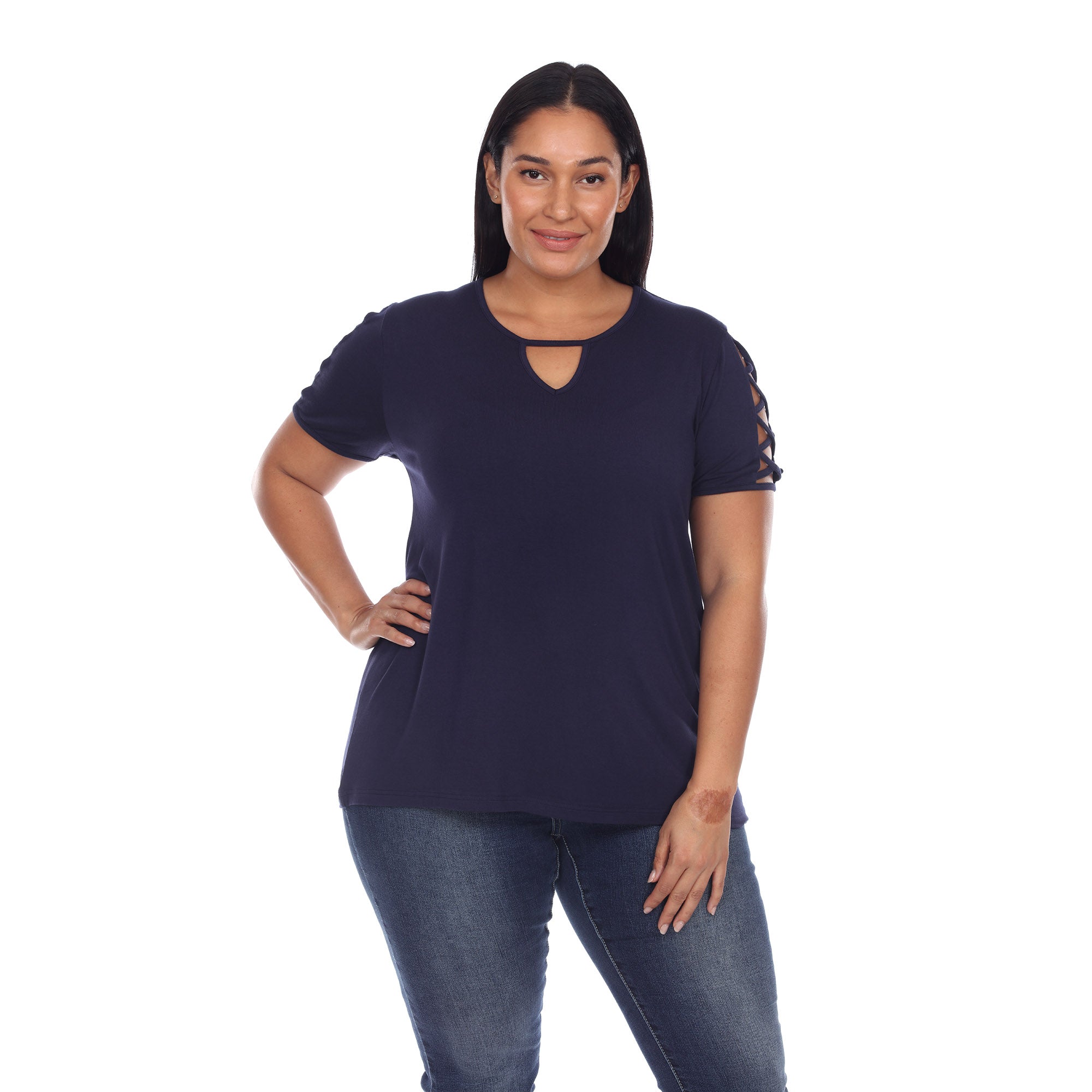 White Mark Women's Keyhole Neck Cutout Short Sleeve Top - Plus (7 Colors Available)