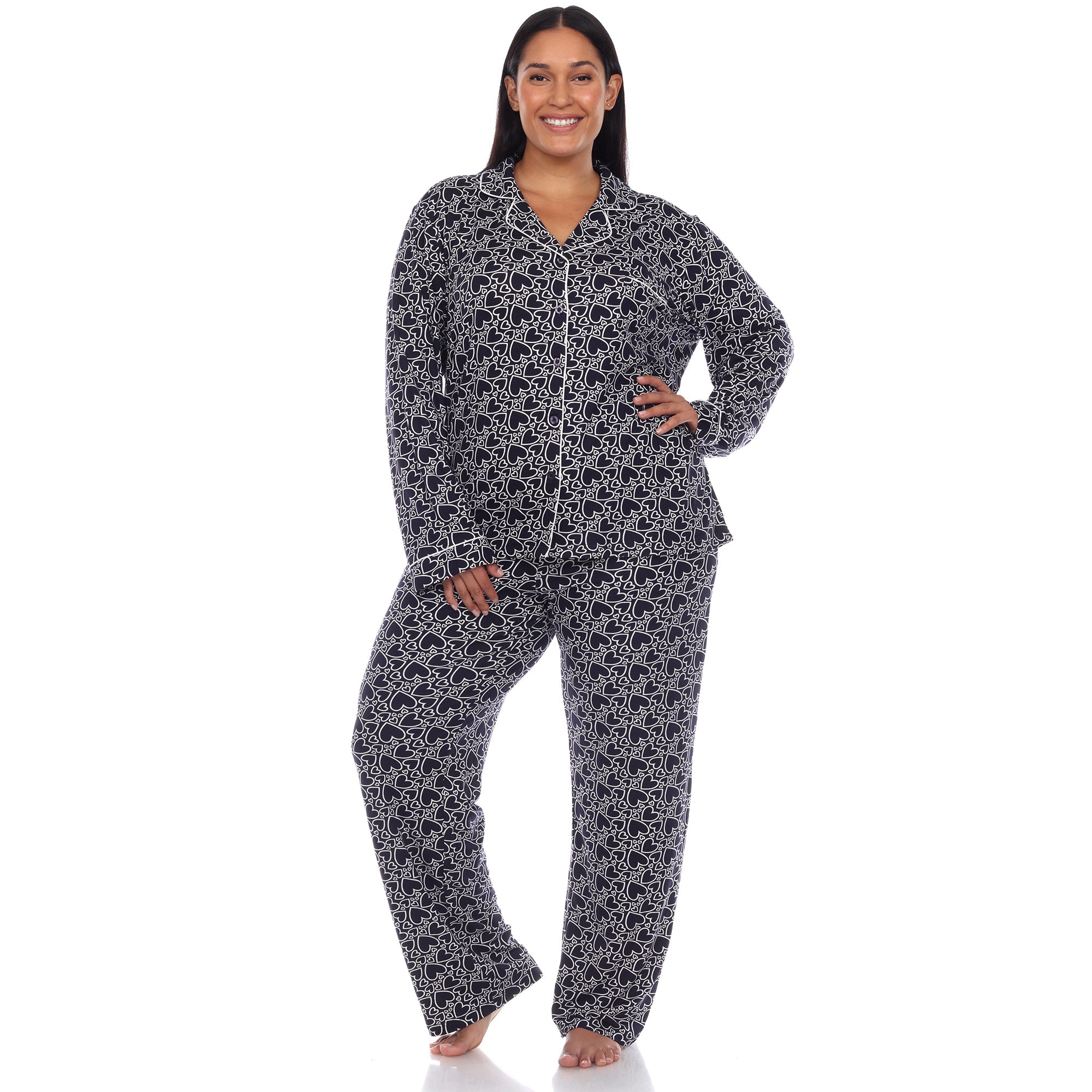 Long Sleeve Heart Print Pajama Set - Plus