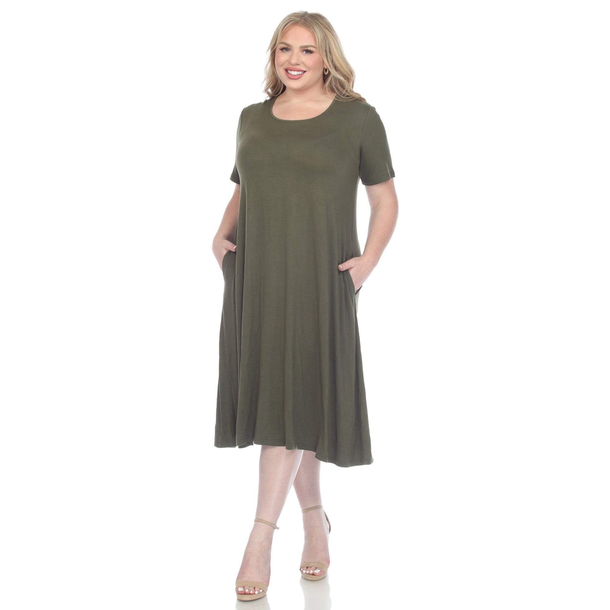 Short Sleeve Pocket Swing Midi Dress - Plus (7 Colors Available)