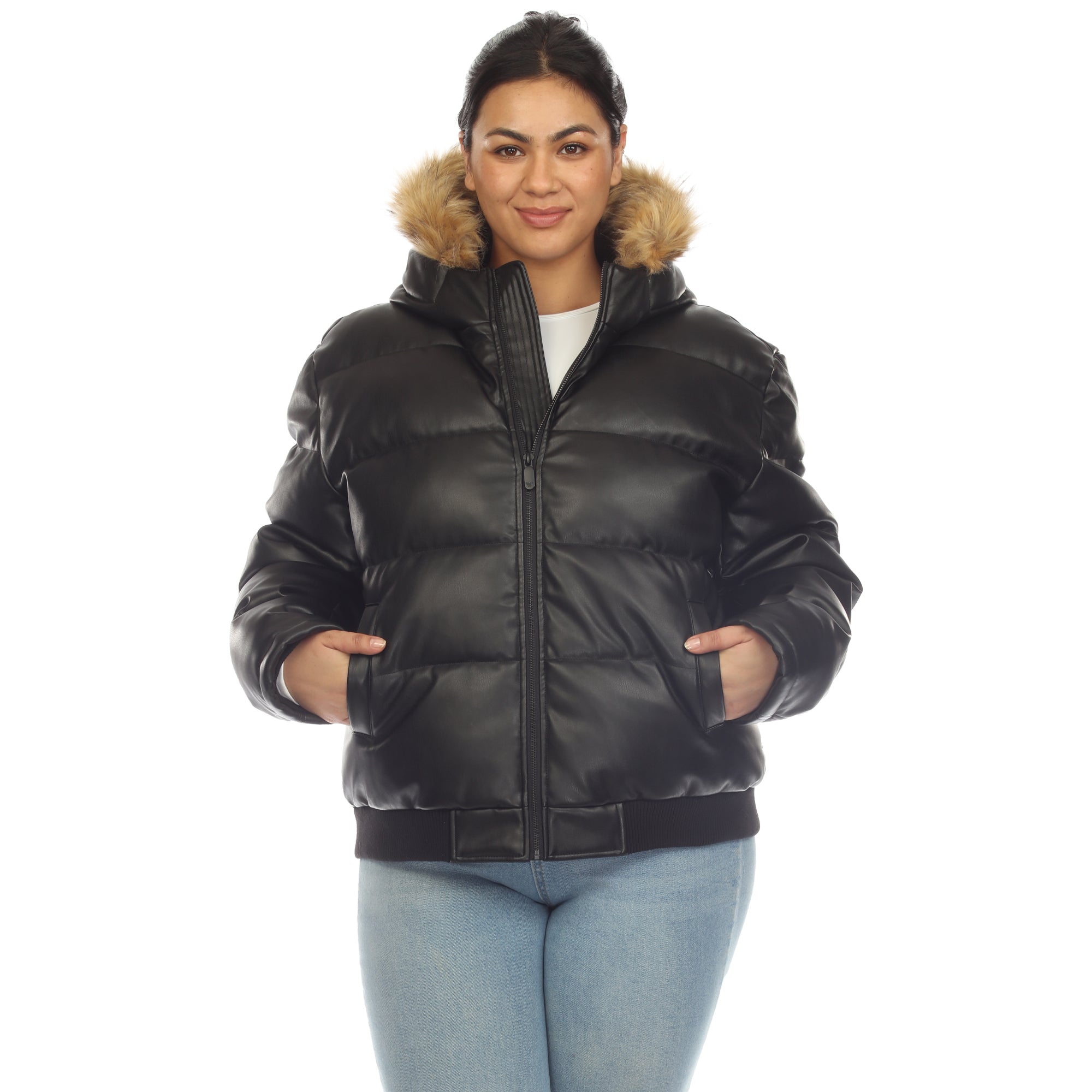 White Mark Women's Removable Fur Hoodie Bomber Leather Jacket