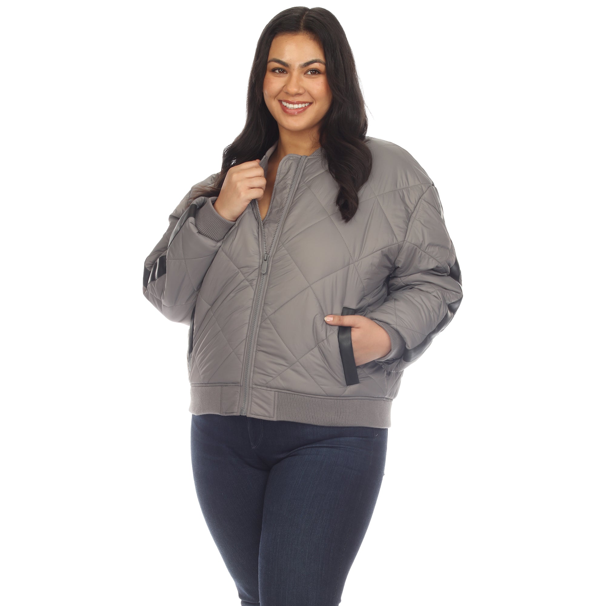 White Mark Women's Lightweight Diamond Quilted Puffer Bomber Jacket - Plus