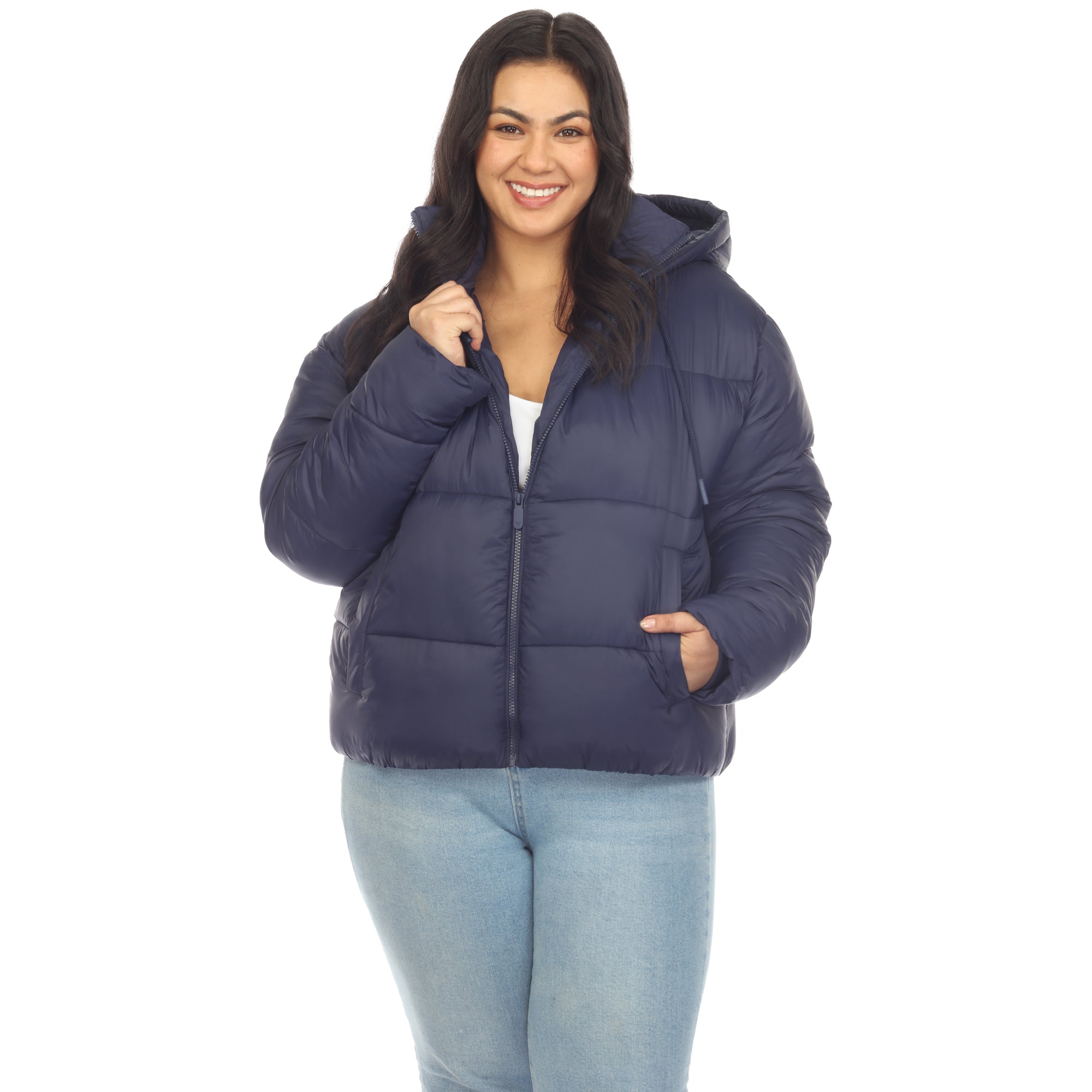 White Mark Women's Full Front Zip Hooded Bomber Puffer Coat - Plus