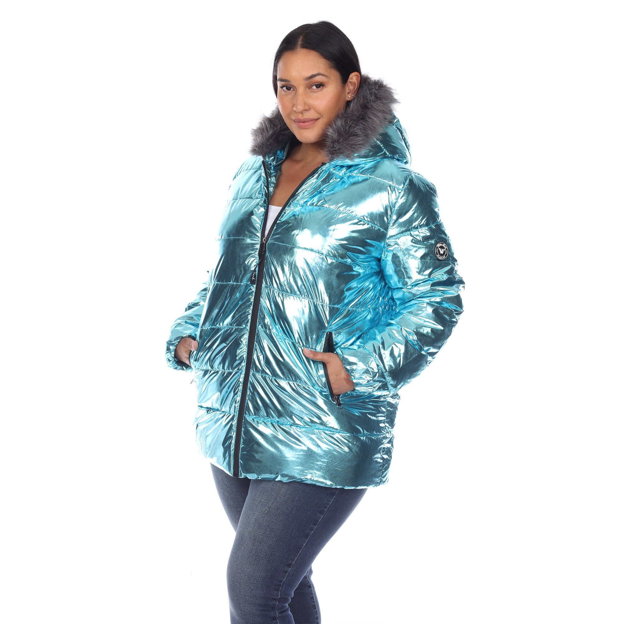 White Mark Women's Metallic Puffer Coat with Hoodie - Plus