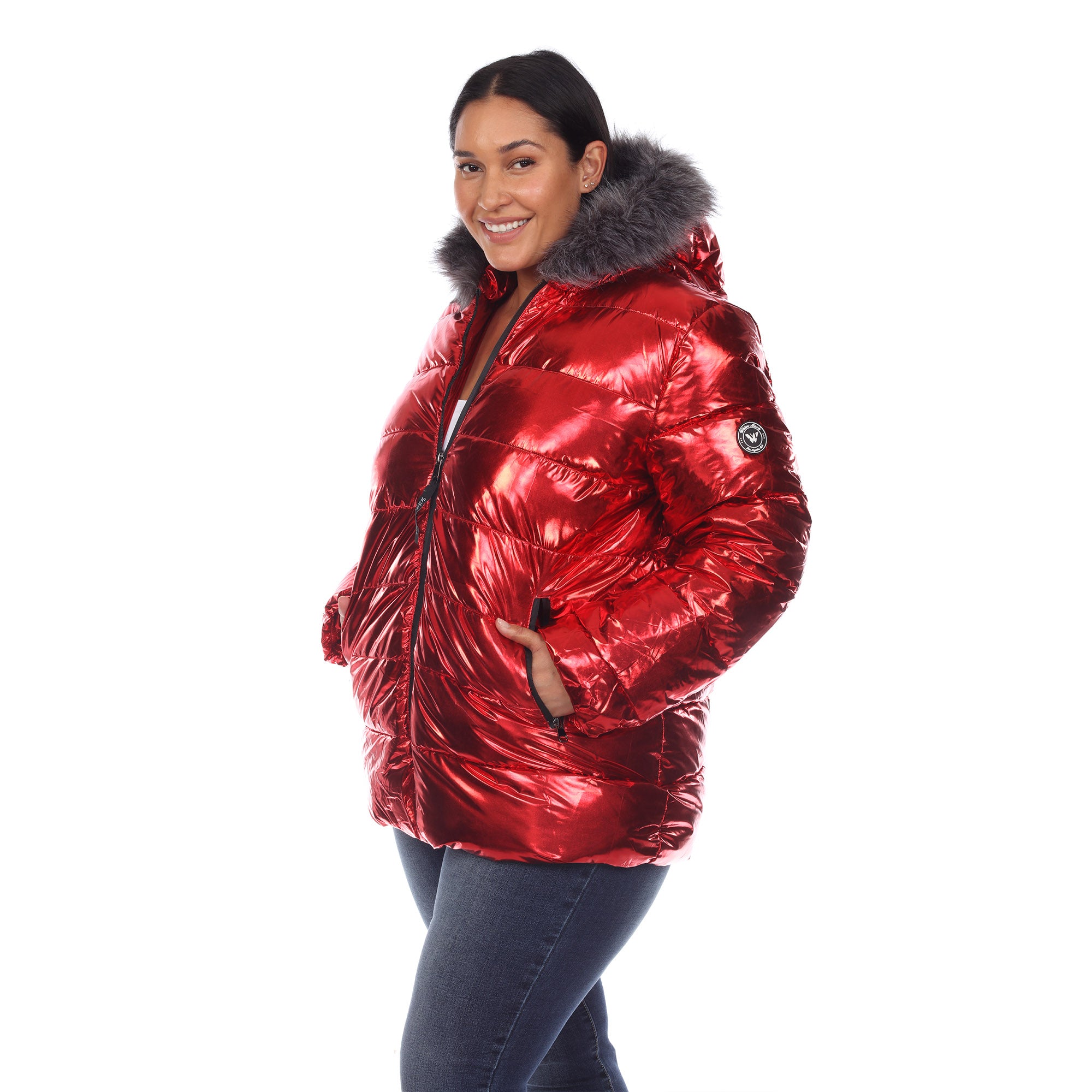 White Mark Women's Metallic Puffer Coat with Hoodie - Plus