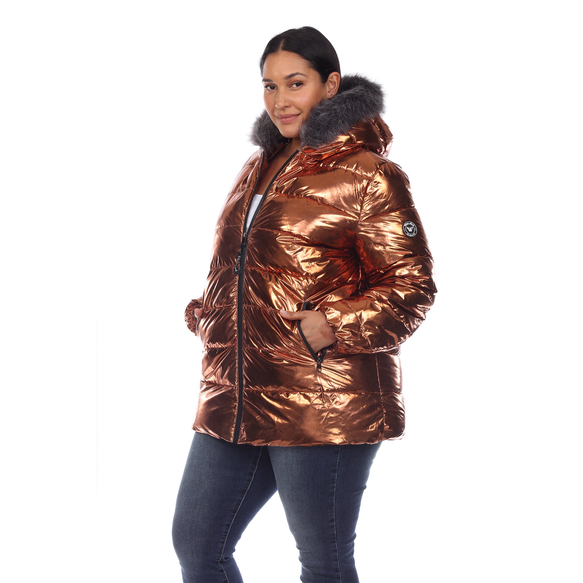 White Mark Women's Metallic Puffer Coat with Hoodie - Plus