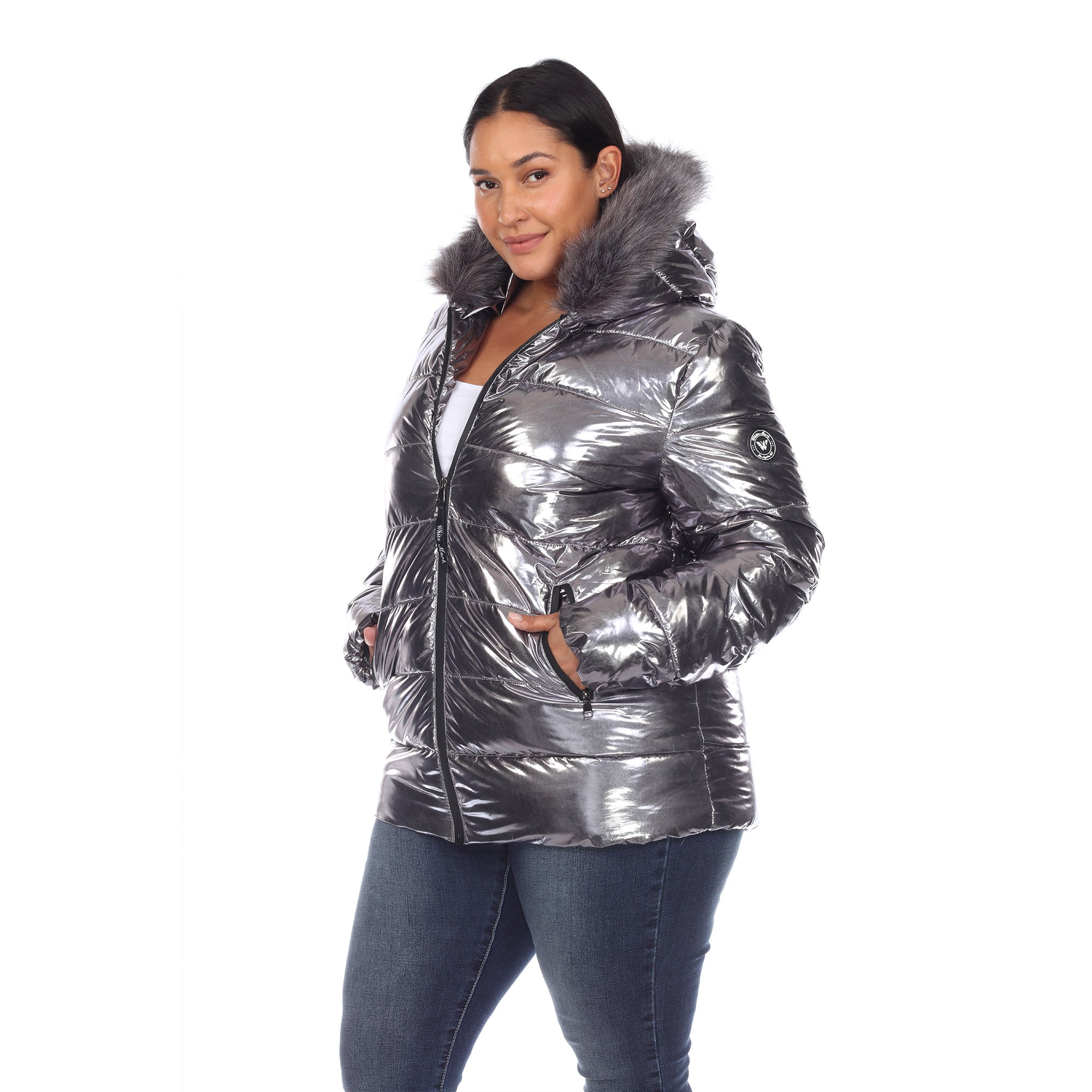 White Mark Women's Metallic Puffer Coat with Hoodie - Plus