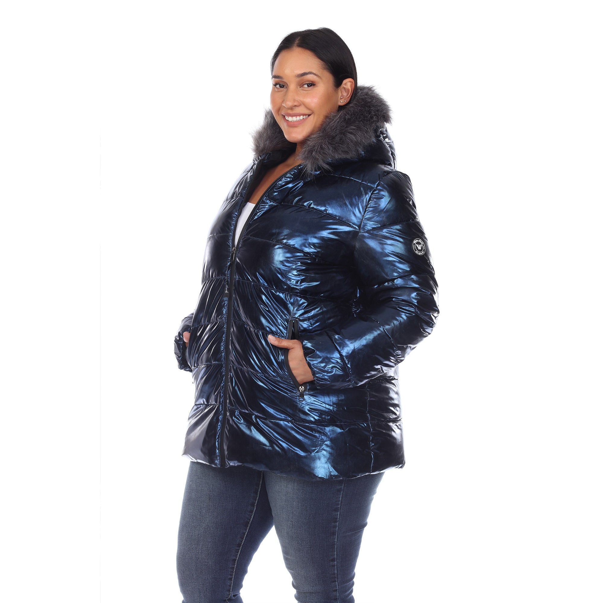 White Mark Women's Metallic Puffer Coat with Hoodie - Plus