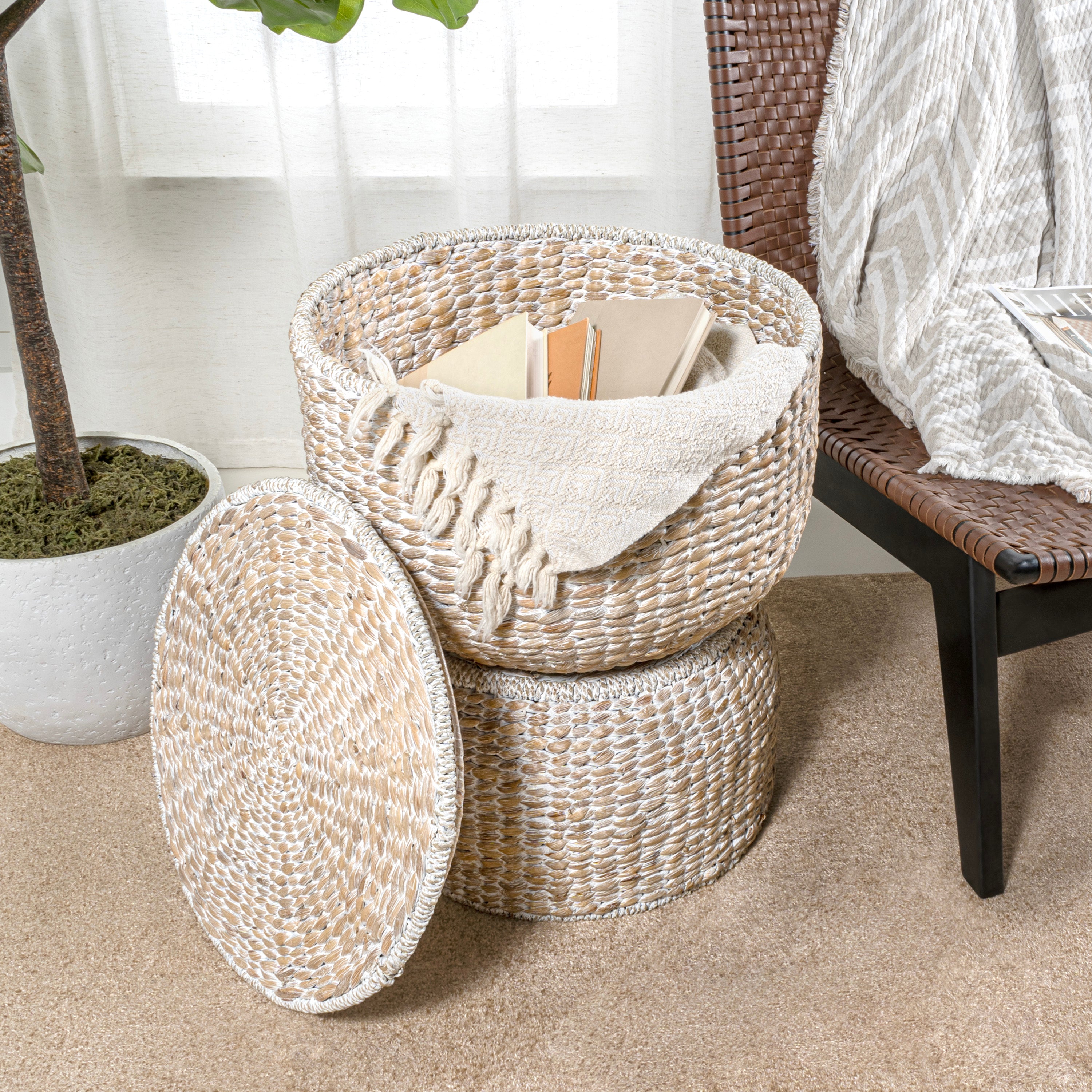 Bhola Hourglass Handwoven Hyacinth Storage Accent Table with Lid