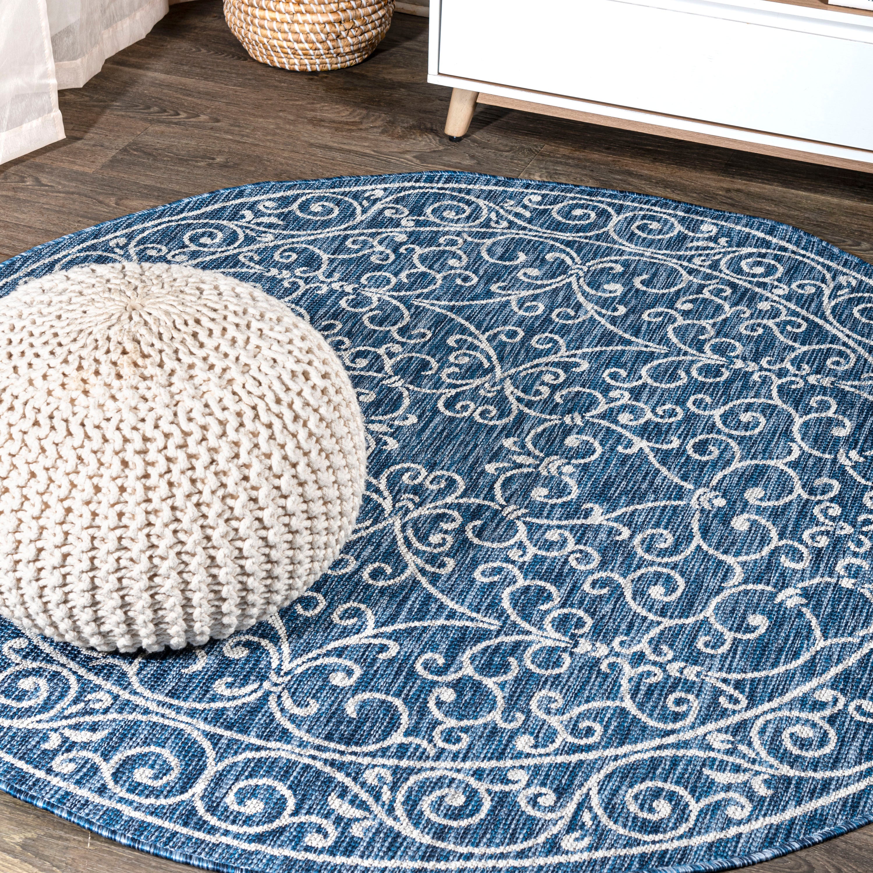 Charleston Vintage Filigree Textured Weav Indoor/Outdoor Round Area Rug