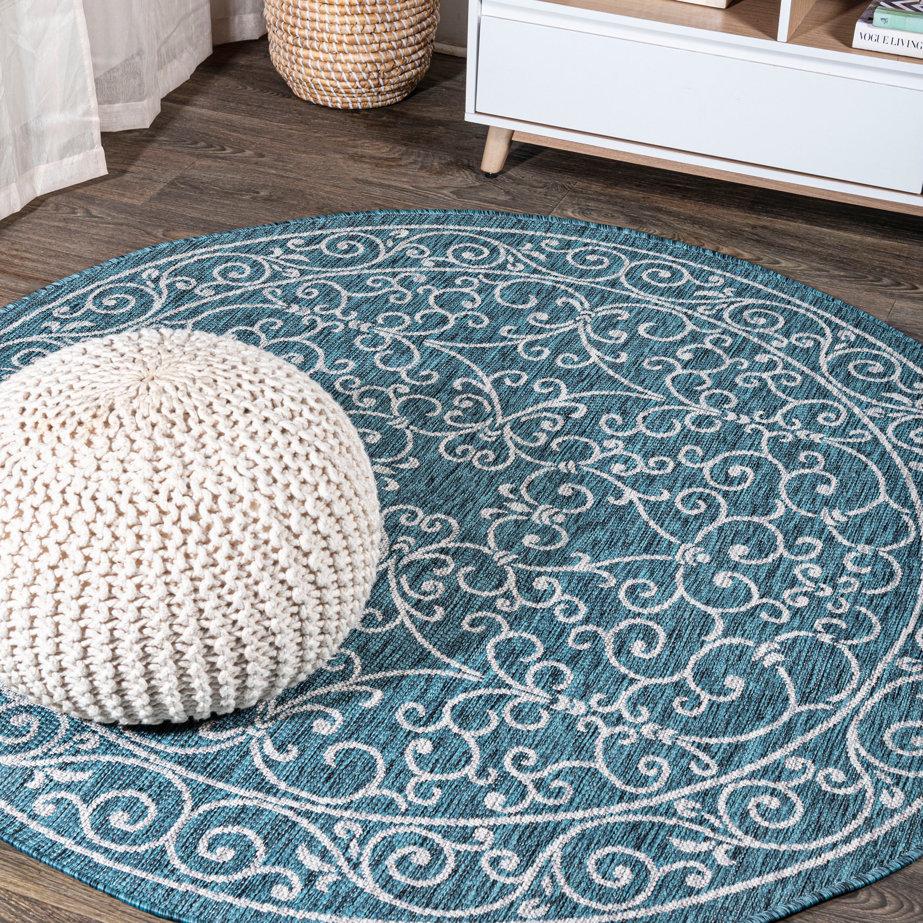 Charleston Vintage Filigree Textured Weav Indoor/Outdoor Round Area Rug