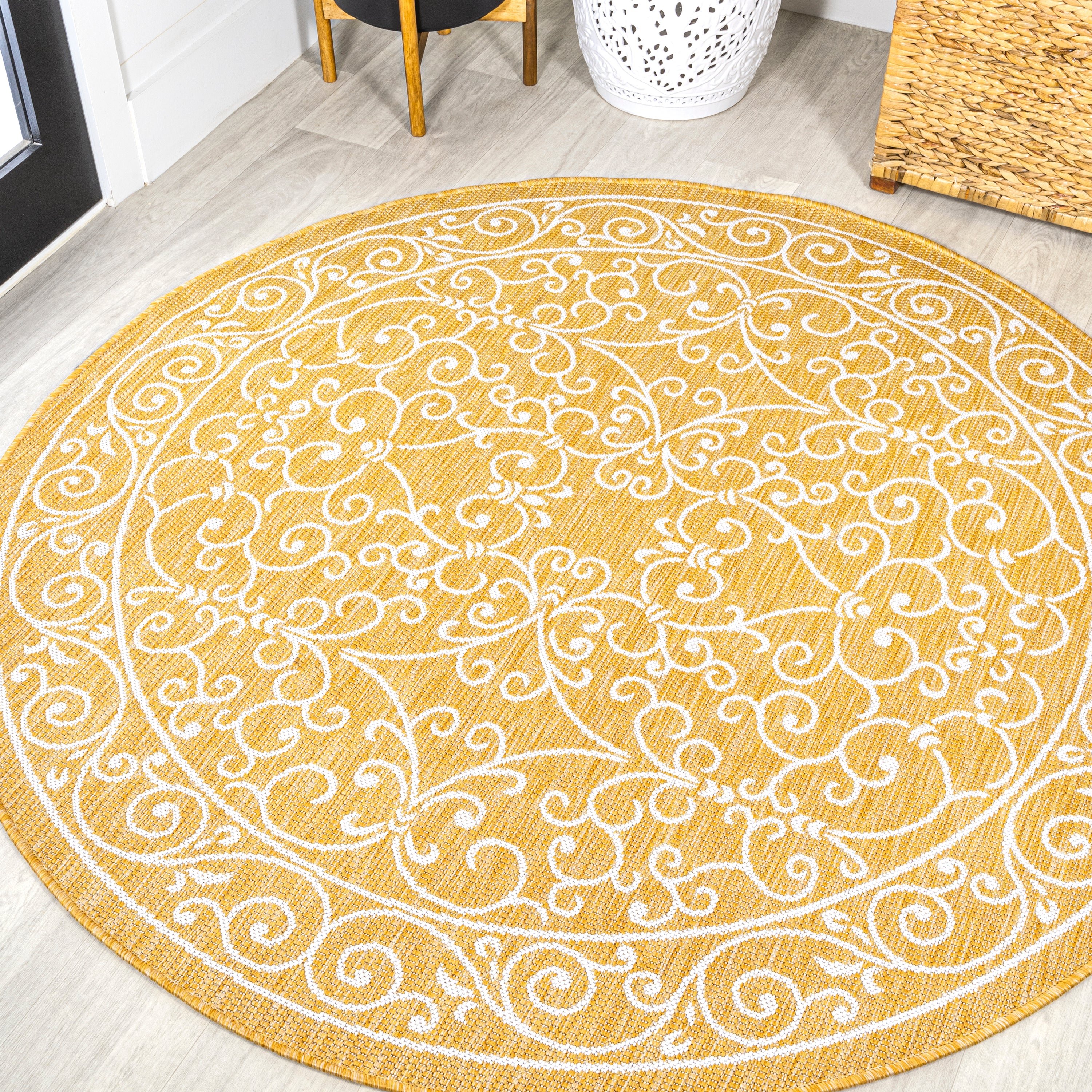 Charleston Vintage Filigree Textured Indoor/Outdoor Round Area Rug