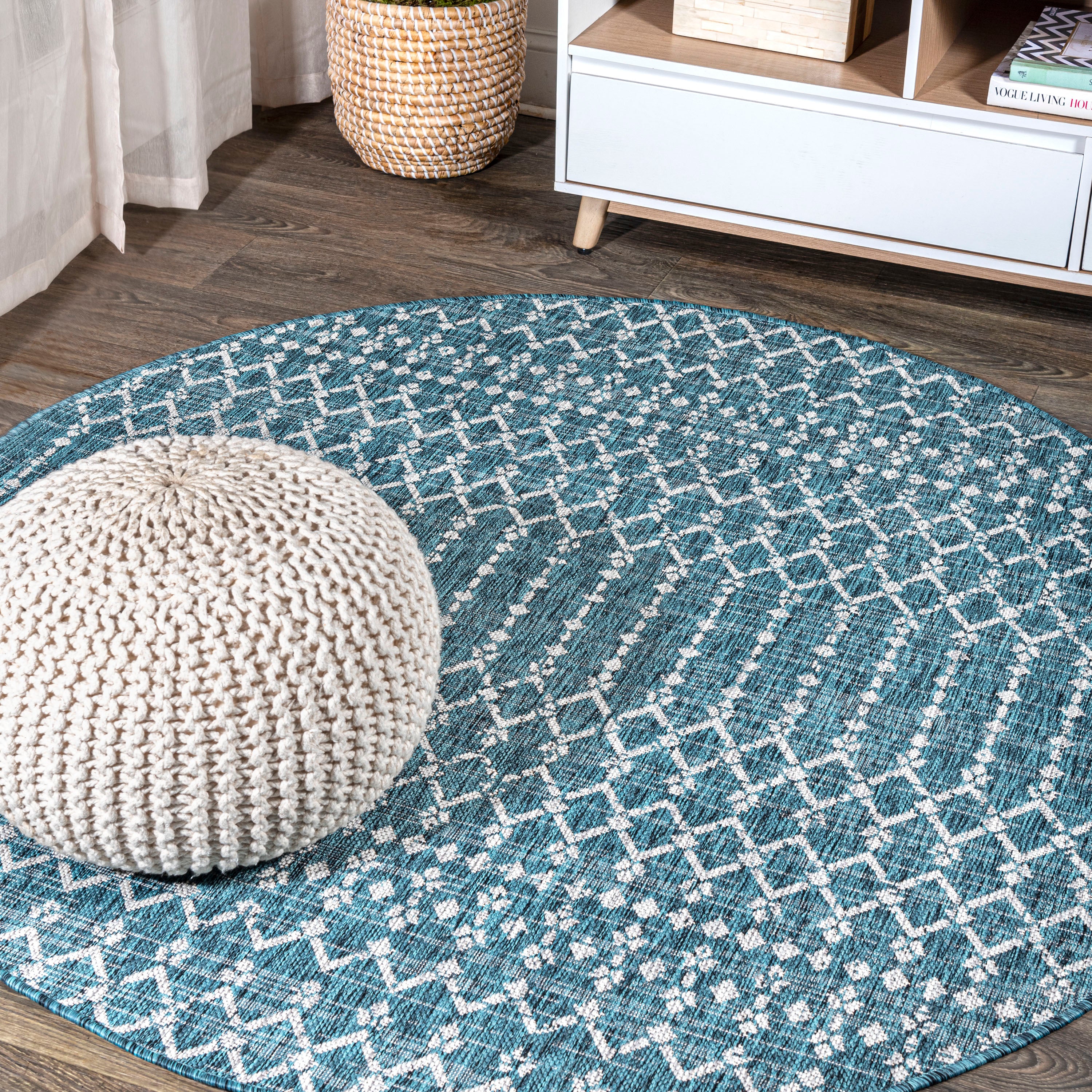 Ourika Moroccan Geometric Textured Indoor/Outdoor Round Area Rug