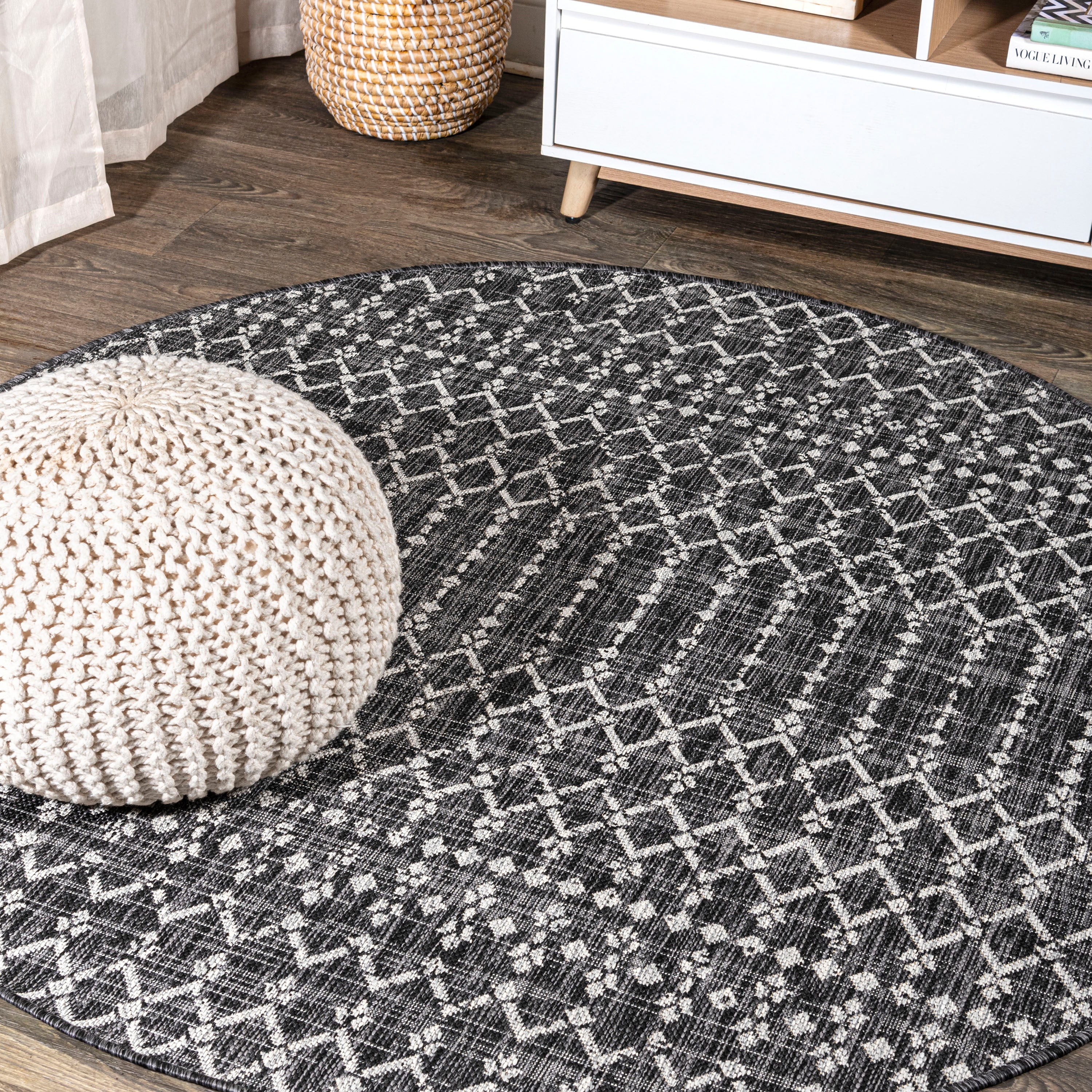 Ourika Moroccan Geometric Textured Indoor/Outdoor Round Area Rug