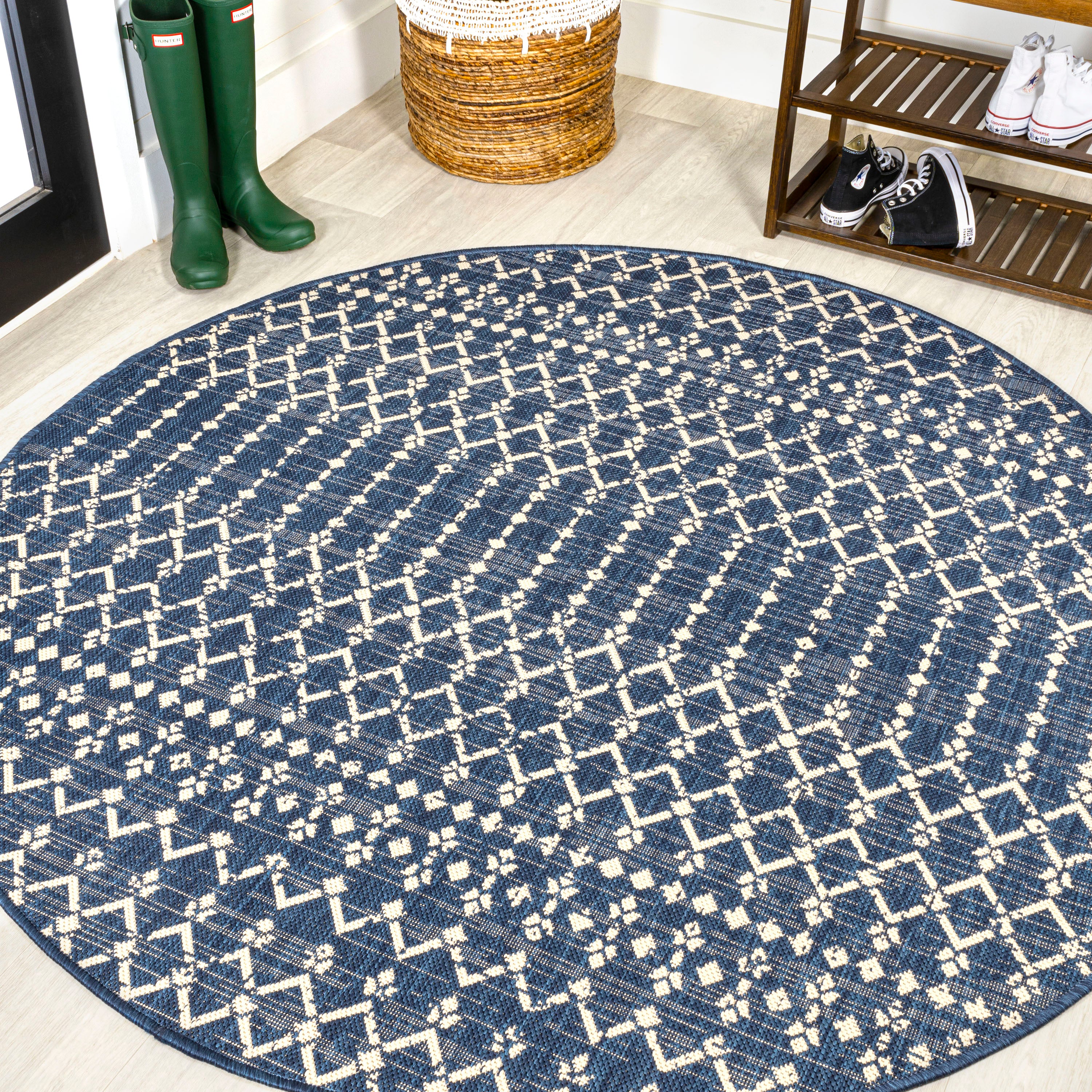 Ourika Moroccan Geometric Textured Weave Indoor/Outdoor Round Area Rug