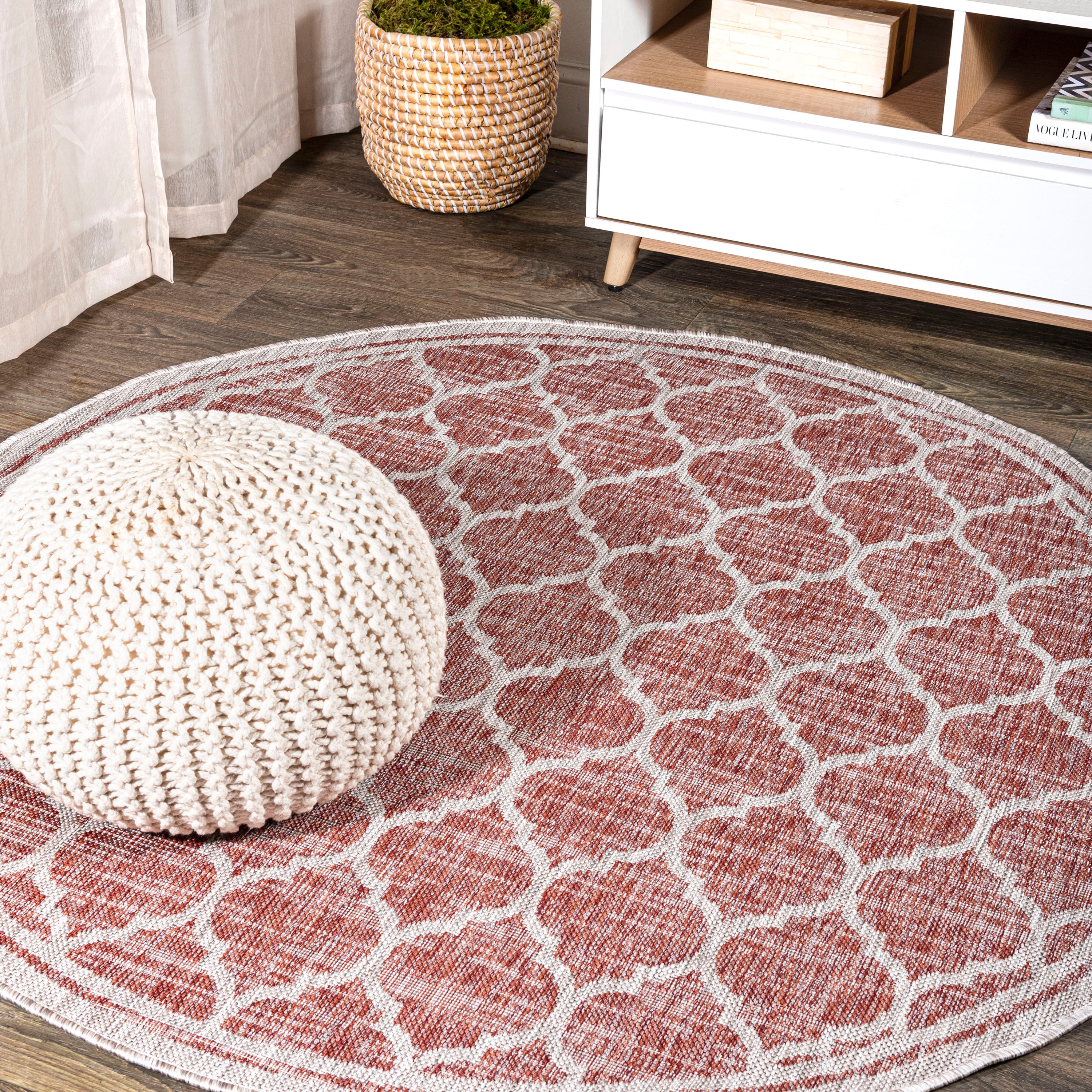 Trebol Moroccan Trellis Textured Weave Indoor/Outdoor Round Area Rug