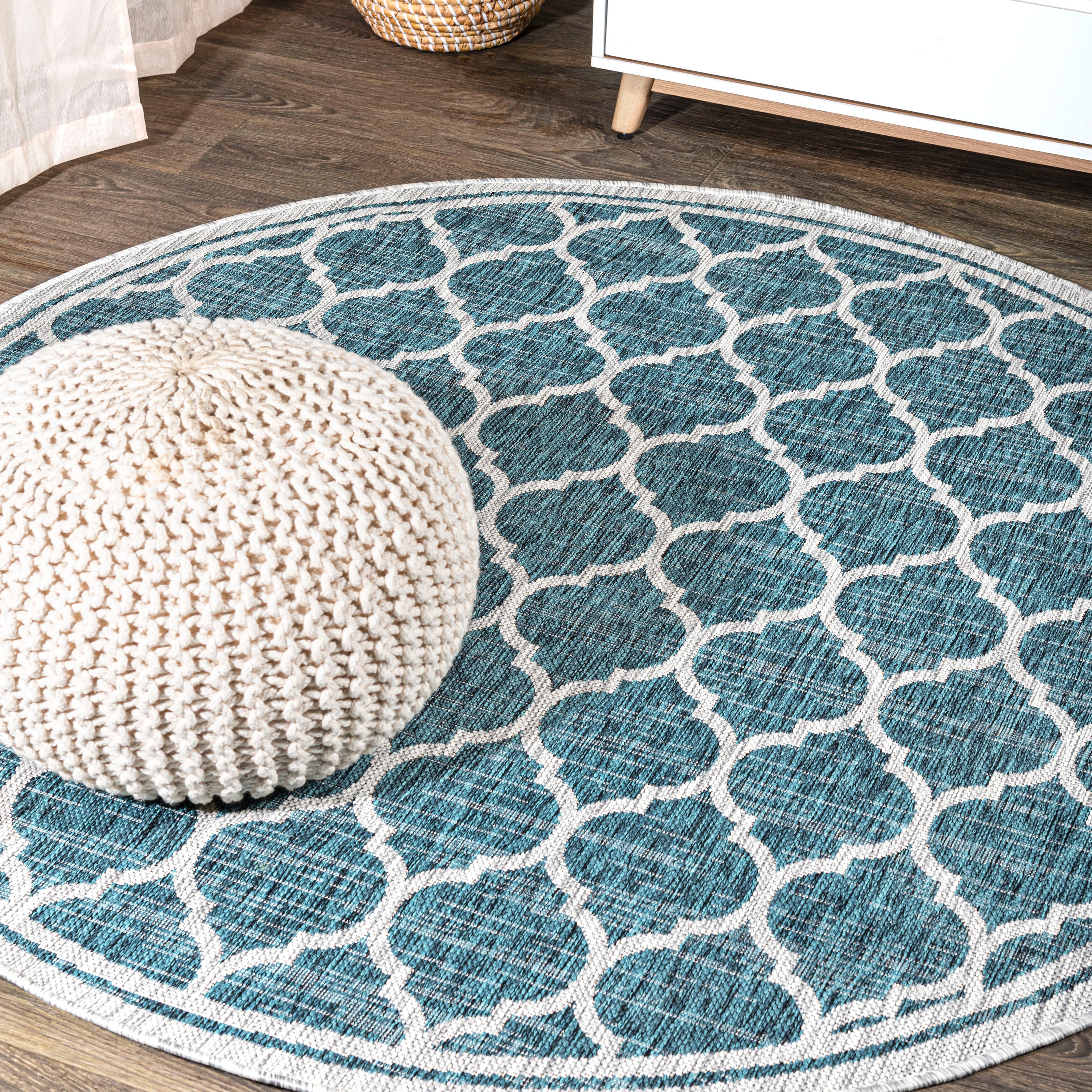 Trebol Moroccan Trellis Textured Weave Indoor/Outdoor Round Area Rug