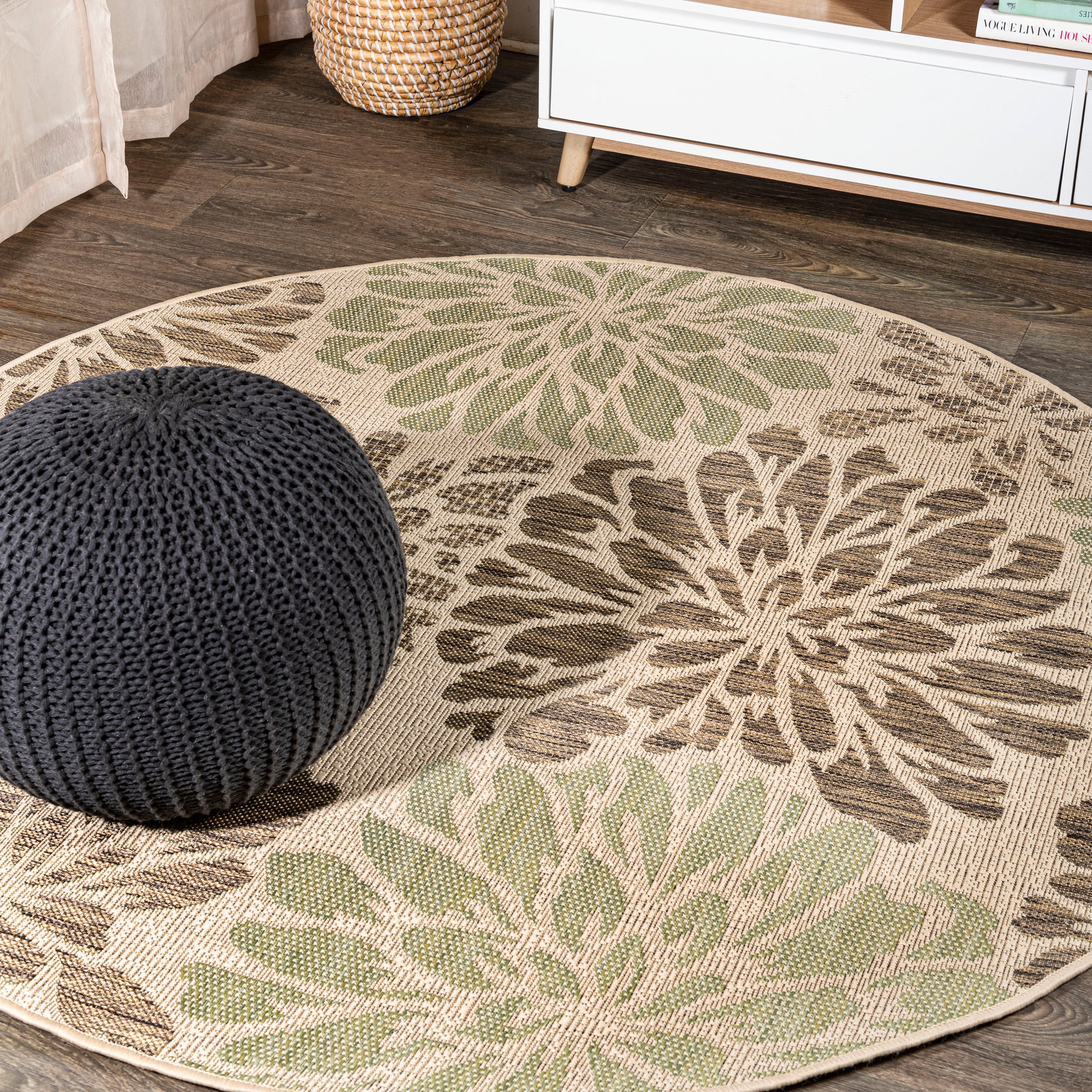 Zinnia Modern Floral Textured Weave Indoor/Outdoor Round Area Rug