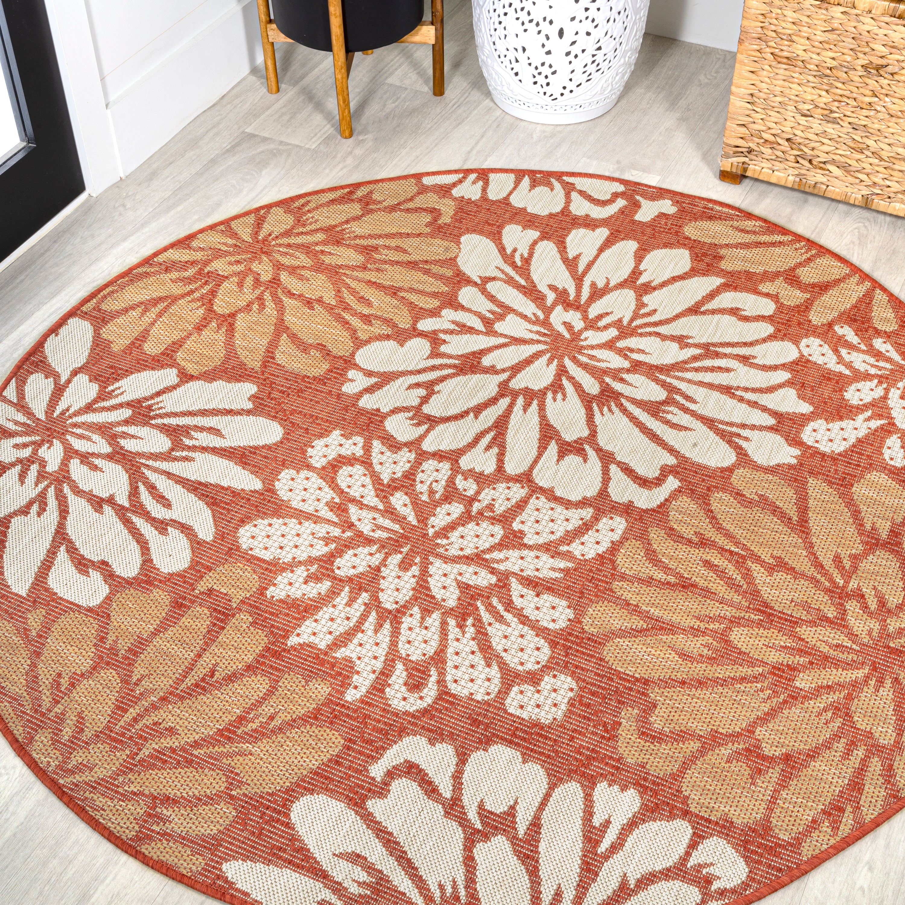 Zinnia Modern Floral Textured Indoor/Outdoor Round Area Rug