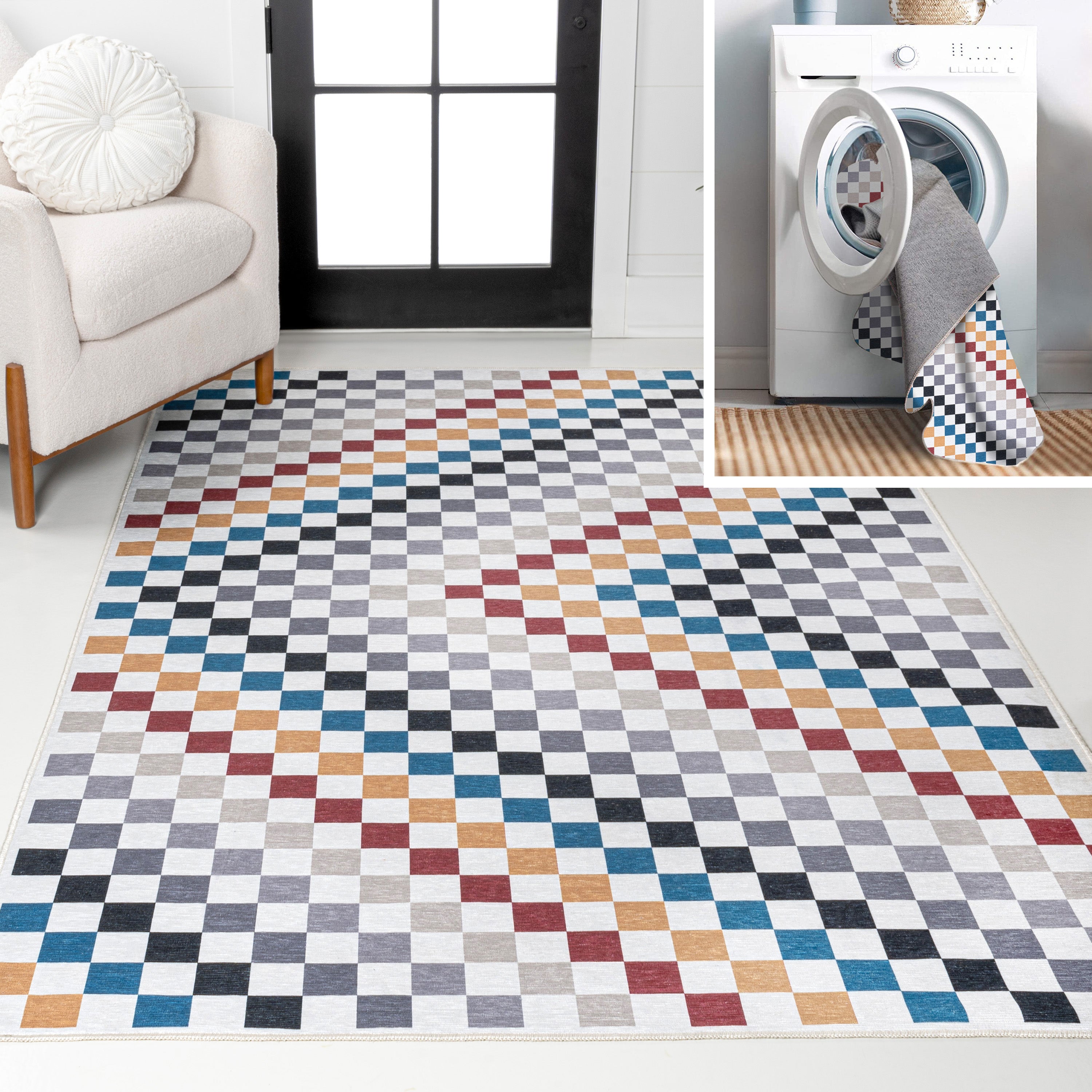 Ainsley Modern Cottage Checkerboard Washable Area Rug