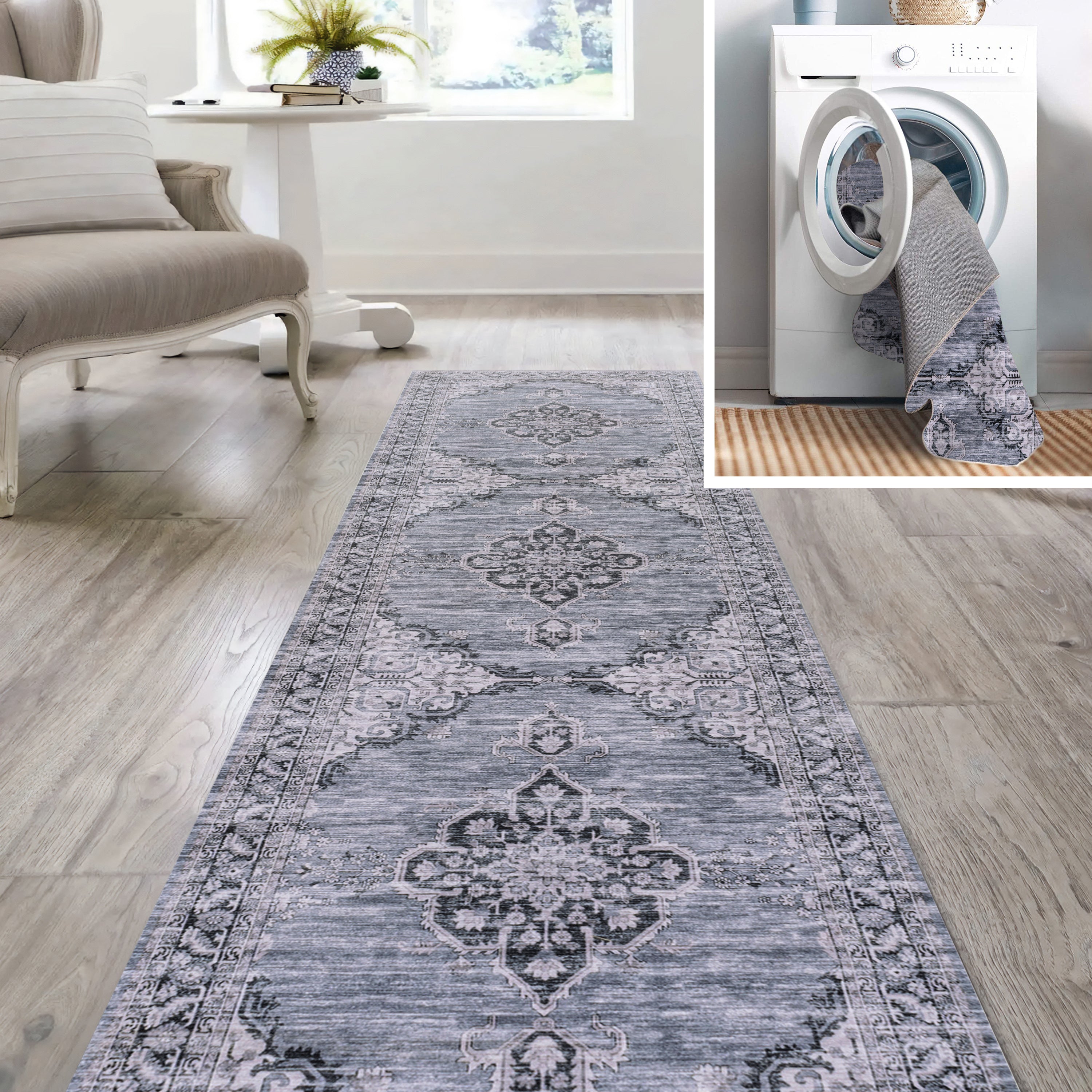 Wincer Chenille Cottage Medallion Machine-Washable Runner Rug