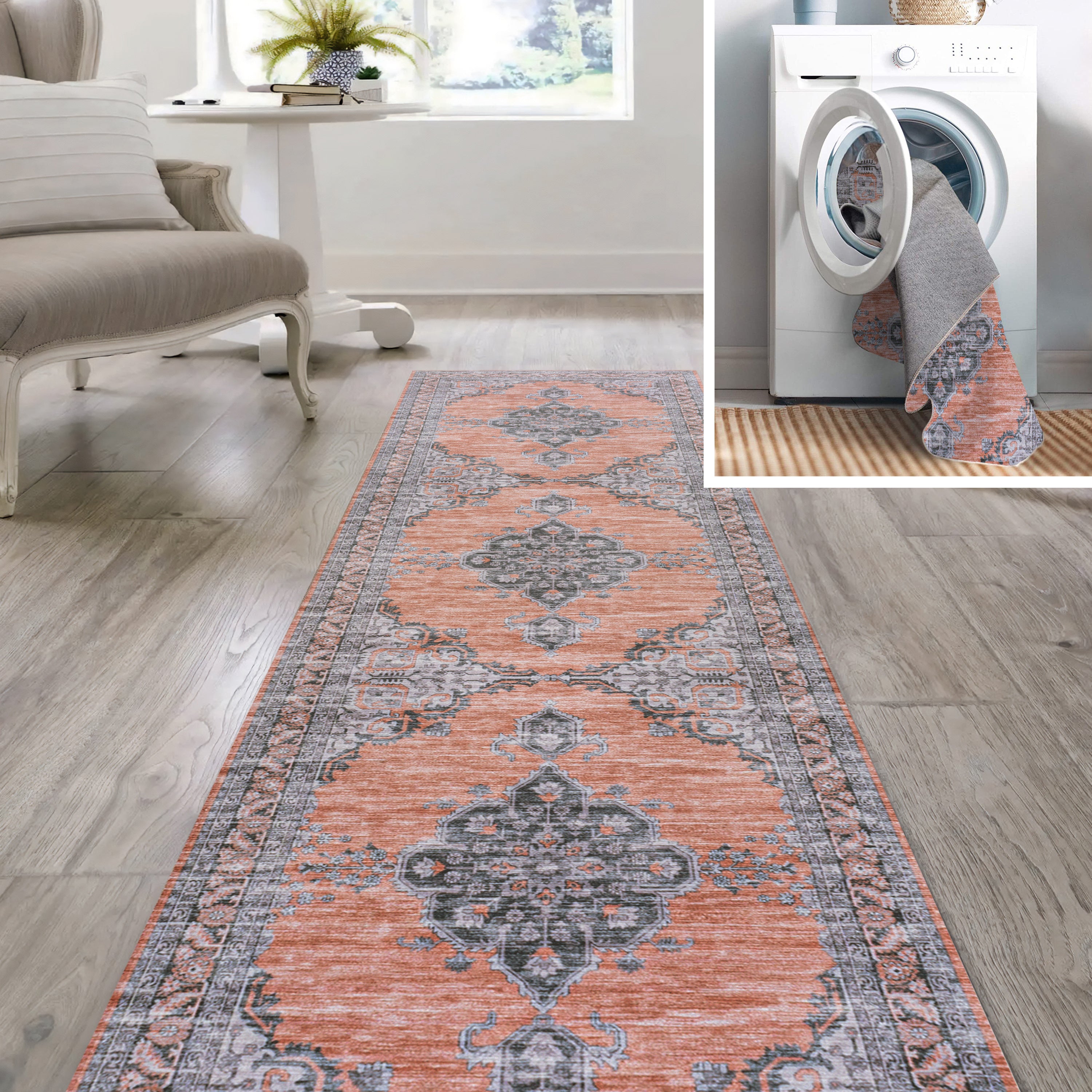 Wincer Chenille Cottage Medallion Machine-Washable Runner Rug