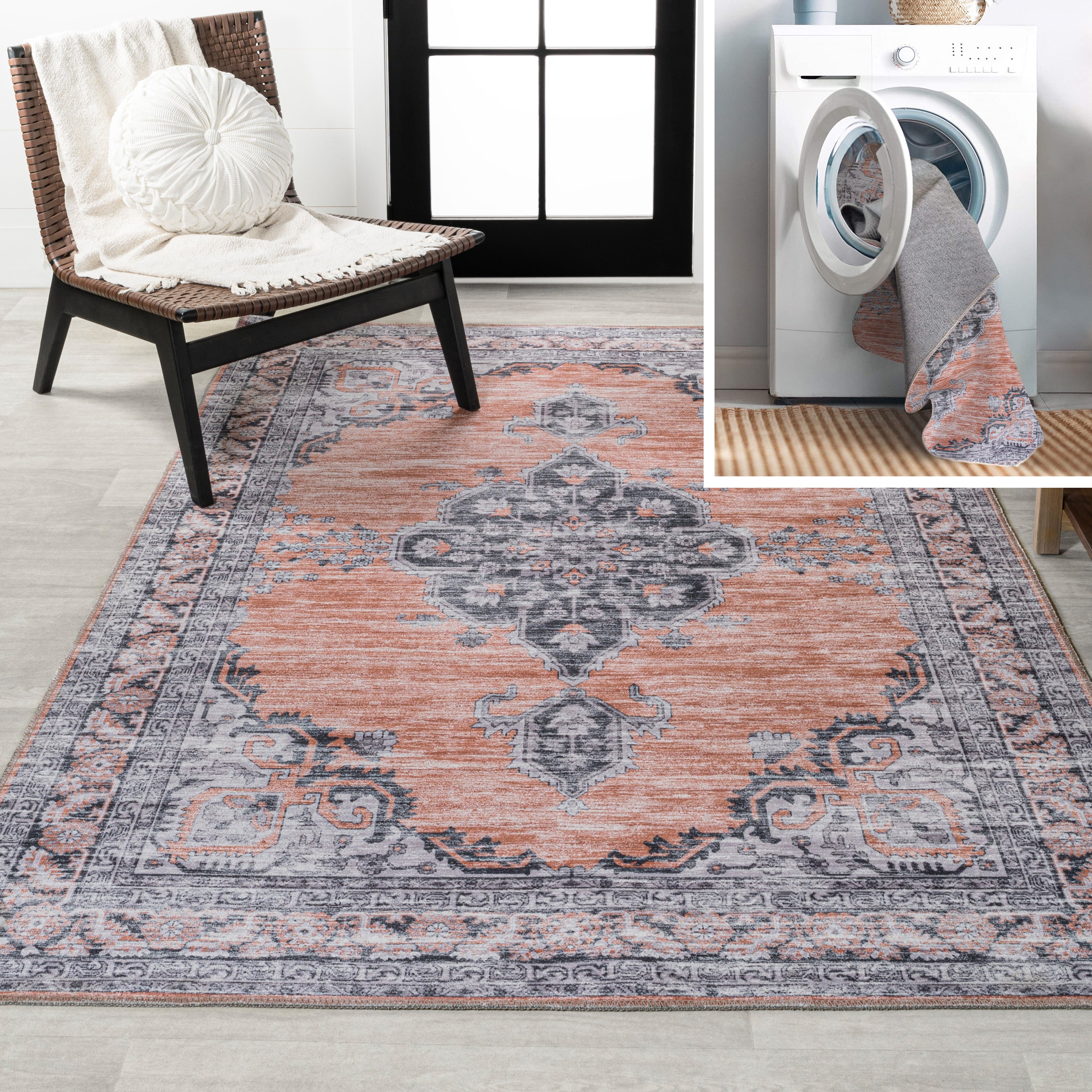 Wincer Chenille Cottage Medallion Machine-Washable Area Rug