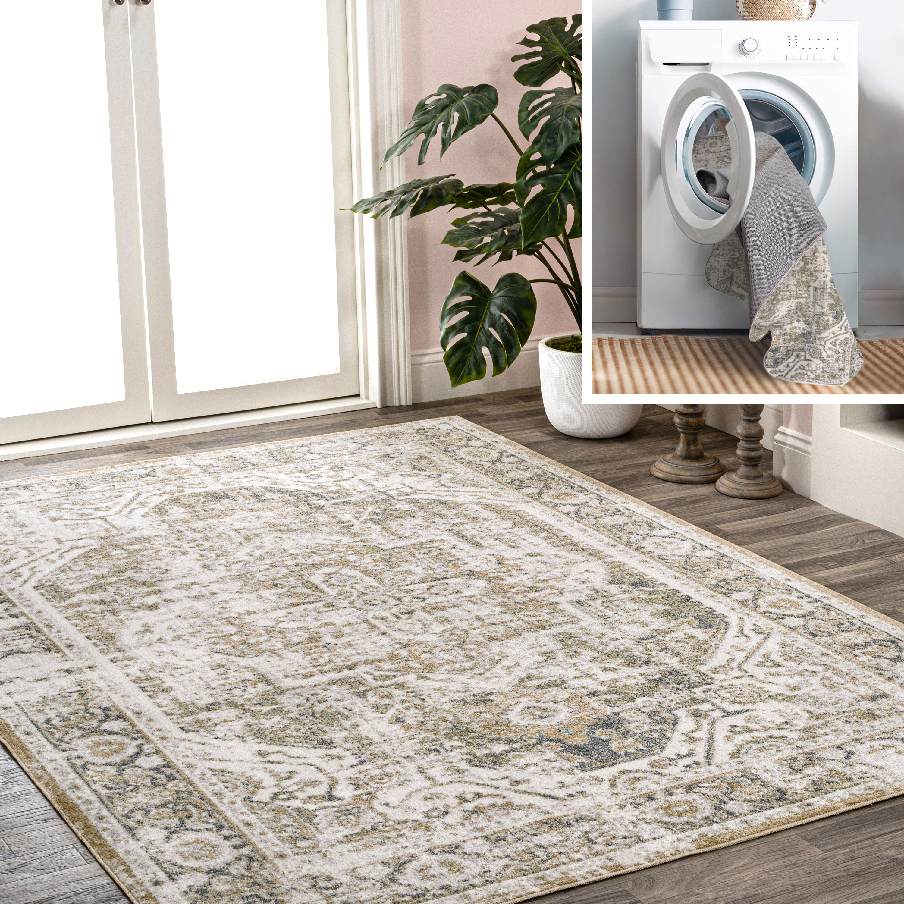 Keesha Bold Distressed Medallion Low-Pile Machine-Washable Area Rug