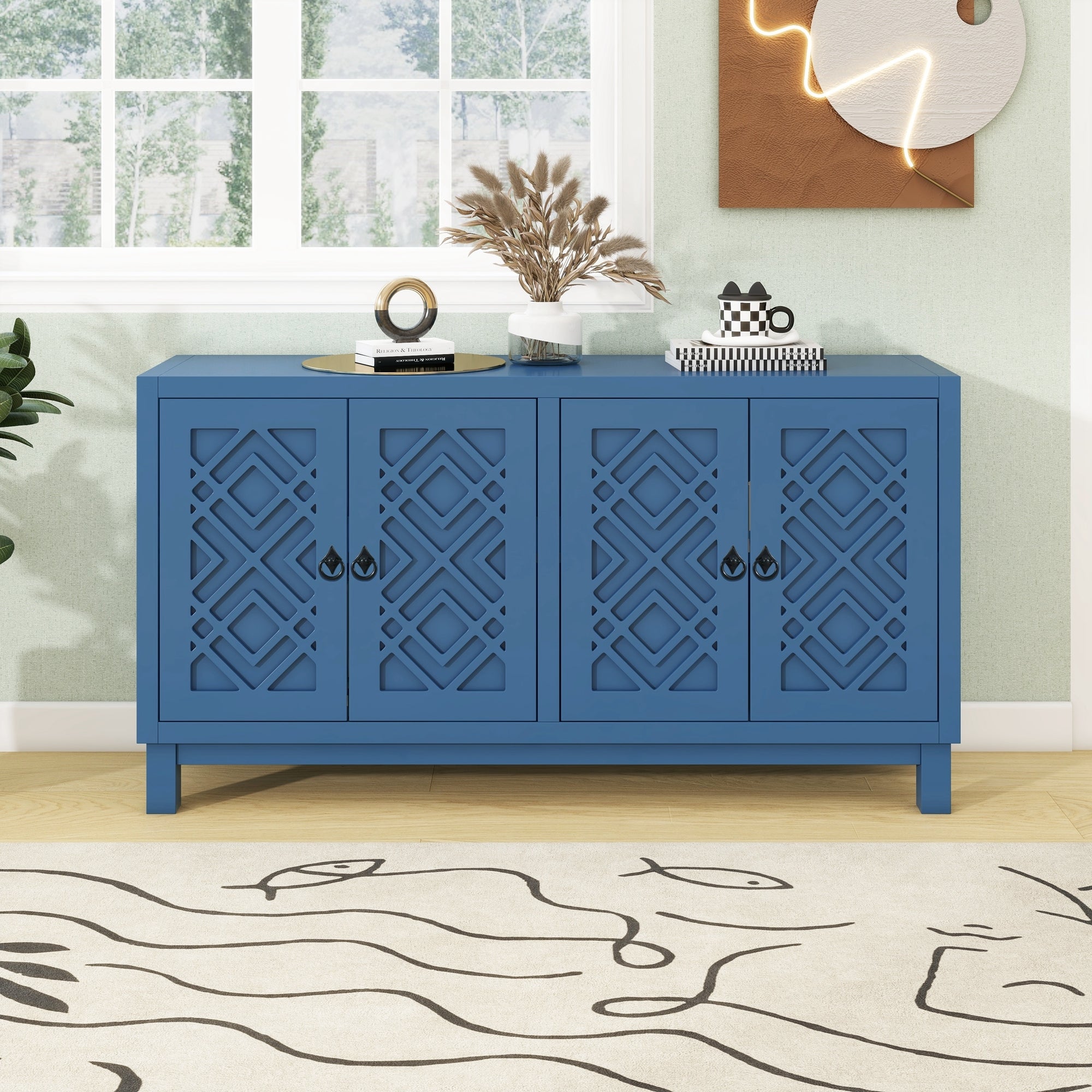 Storage Space Sideboard, 4 Door Buffet Cabinet  (Navy)