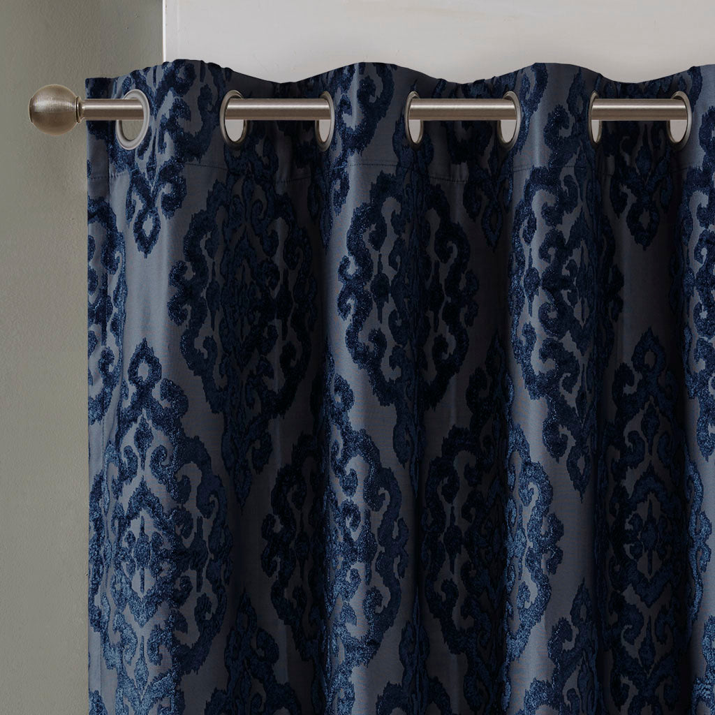 Knitted Jacquard Damask Total Blackout Grommet Top Curtain Panel ...