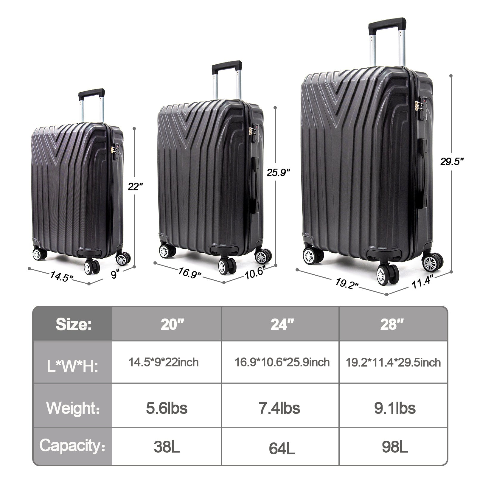 ABS Hard Shell 3 - Piece Luggage Set(20/24/28)with 360°Rotating Wheel and TSA Lock Men and Women Ideal for Business Trips and Family Getaways - Tuesday Morning - Luggage Sets