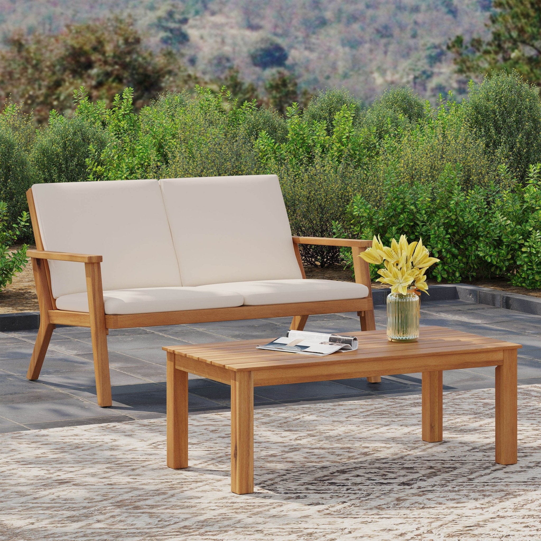 Acacia Wood Outdoor Loveseat and Coffee Table Set with Cushions - Tuesday Morning - Outdoor Furniture Sets