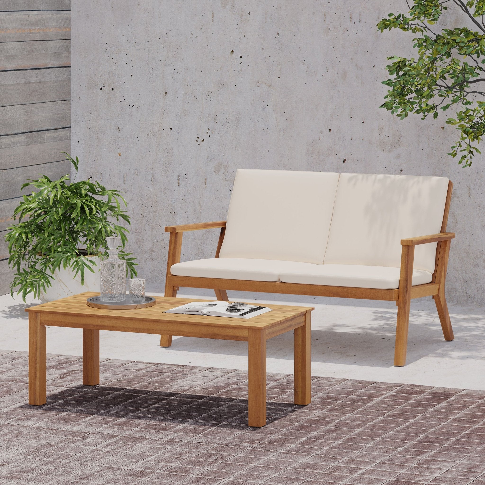 Acacia Wood Outdoor Loveseat and Coffee Table Set with Cushions - Tuesday Morning - Outdoor Furniture Sets