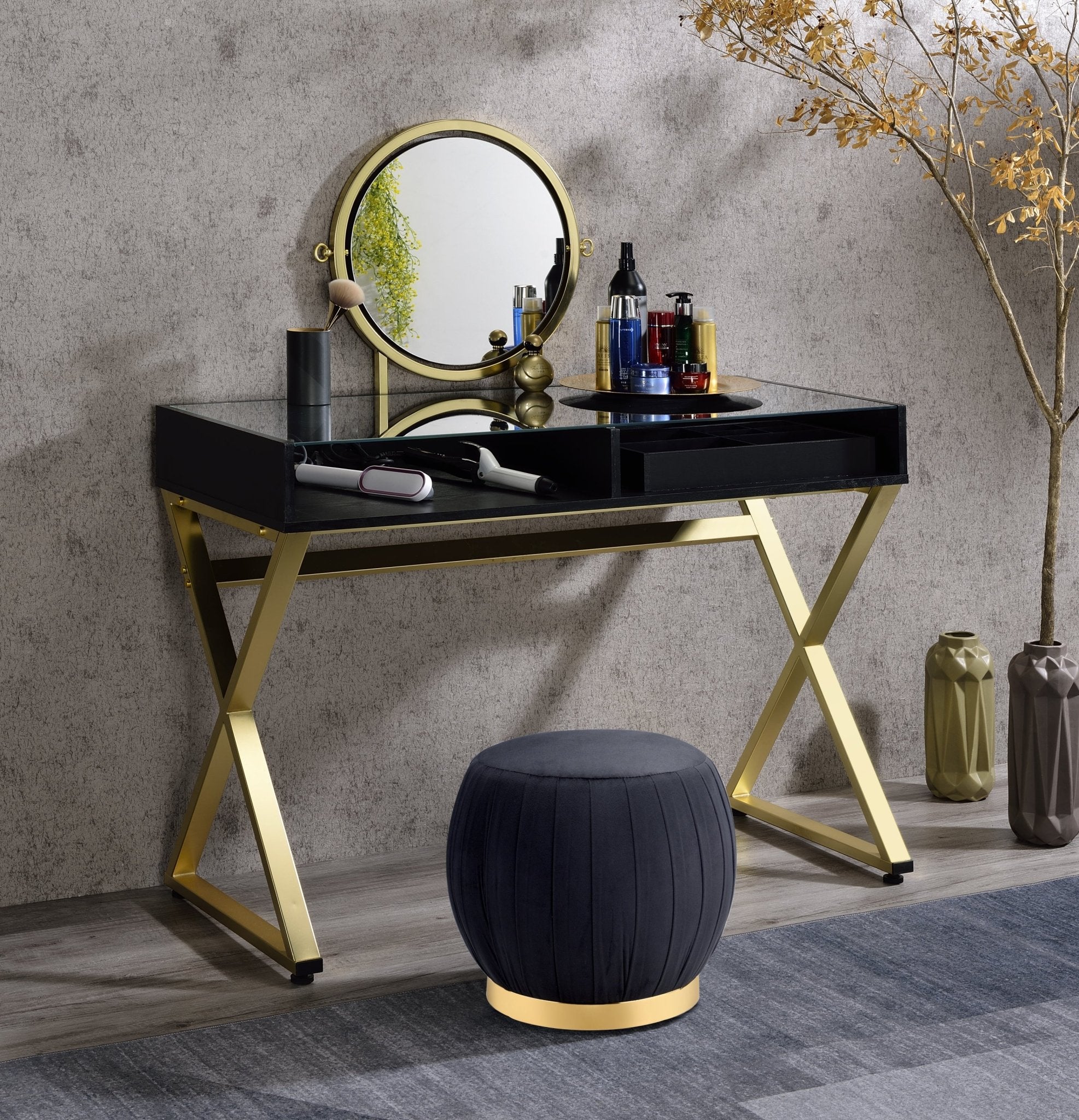 ACME Coleen Vanity Desk w/Mirror & Jewelry Tray in Black & Gold Finish AC00669 - Tuesday Morning - Dressers & Armoires