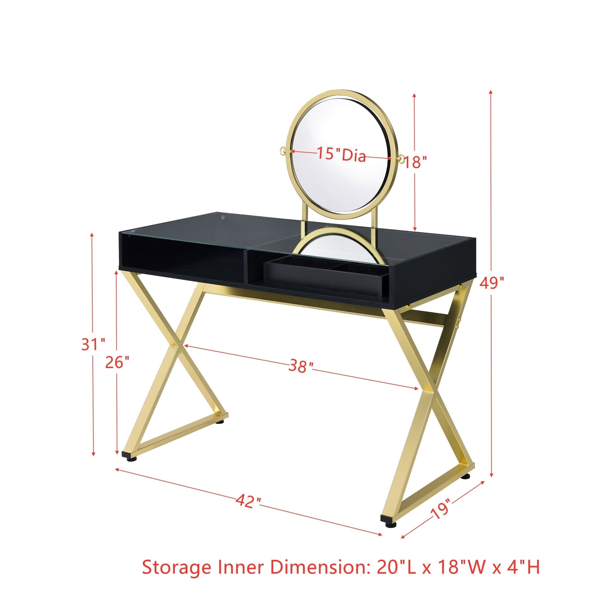 ACME Coleen Vanity Desk w/Mirror & Jewelry Tray in Black & Gold Finish AC00669 - Tuesday Morning - Dressers & Armoires