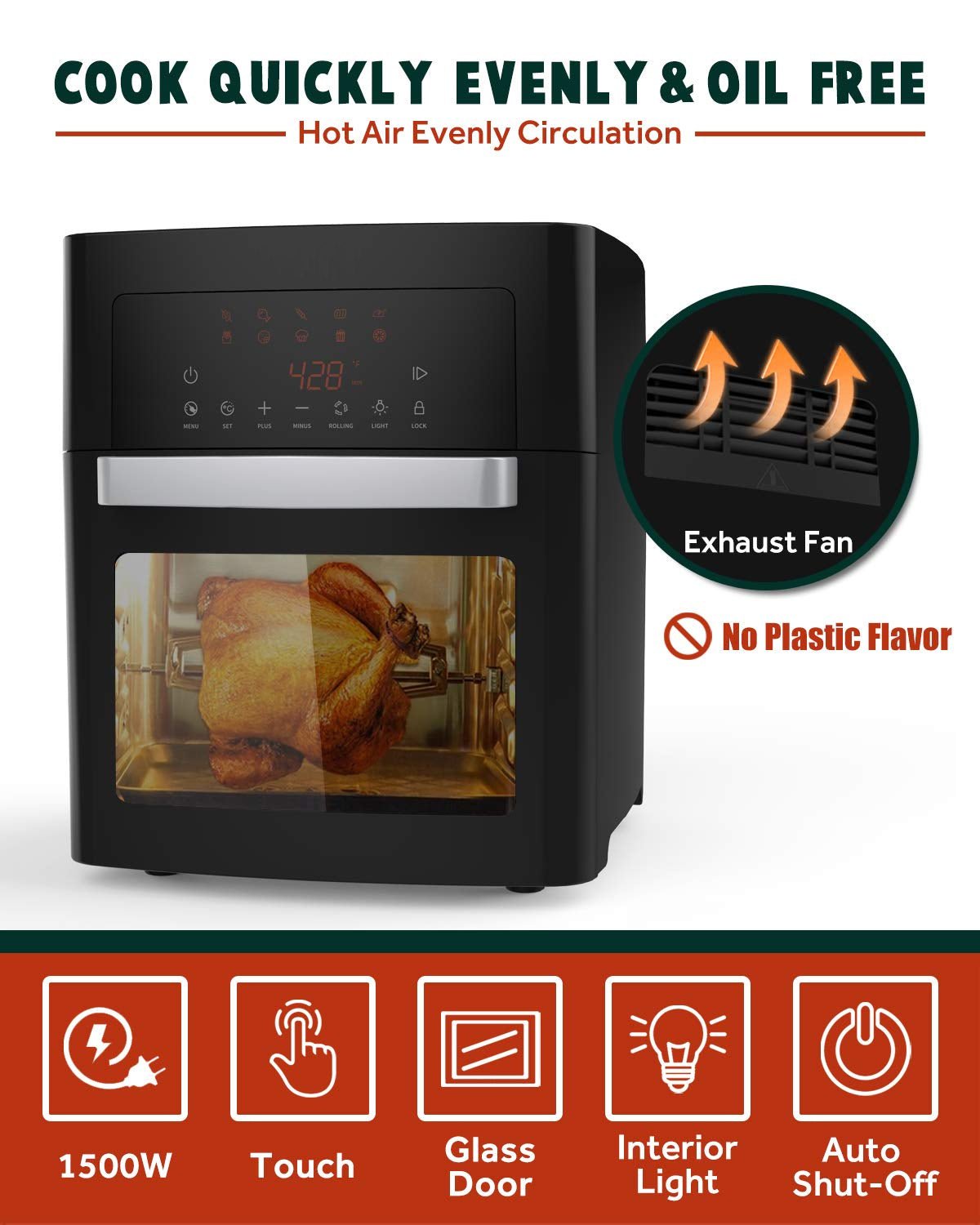 Air Fryer, 16 Quarts XL Size, Smart Cook Presets with LED Digital Touchscreen Rotisserie Oven, with Convection &Temp, Black - Tuesday Morning - Air Fryers